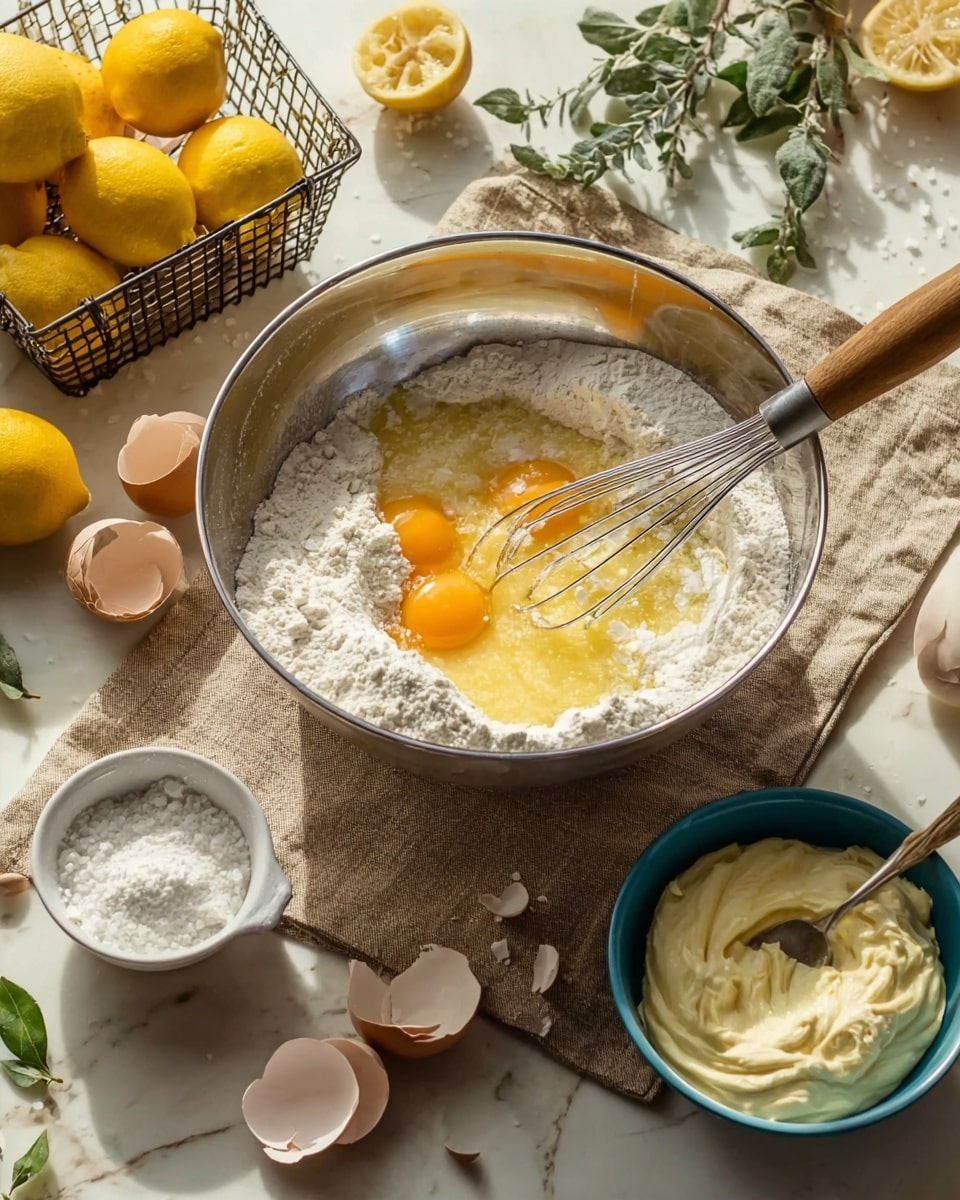 A large silver mixing bowl sits in the center, filled with three bright orange egg yolks resting on top of white flour and a creamy yellow mixture. A whisk with a wooden handle leans inside the bowl, partially covered in the mixture. Around the bowl is a beige cloth on a white marbled surface, with several ingredients placed neatly: a small white cup filled with white flour on the right, a blue bowl containing a creamy pale yellow mixture with a spoon lifting some of it, and a glass container with white salt beside it. To the left, there is a wire basket full of bright yellow lemons, and some green leafy herbs lie nearby. Broken eggshells and lemon halves sit in the background on the white marbled surface, showing natural light and soft shadows. Photo taken with an iphone --ar 4:5 --v 7