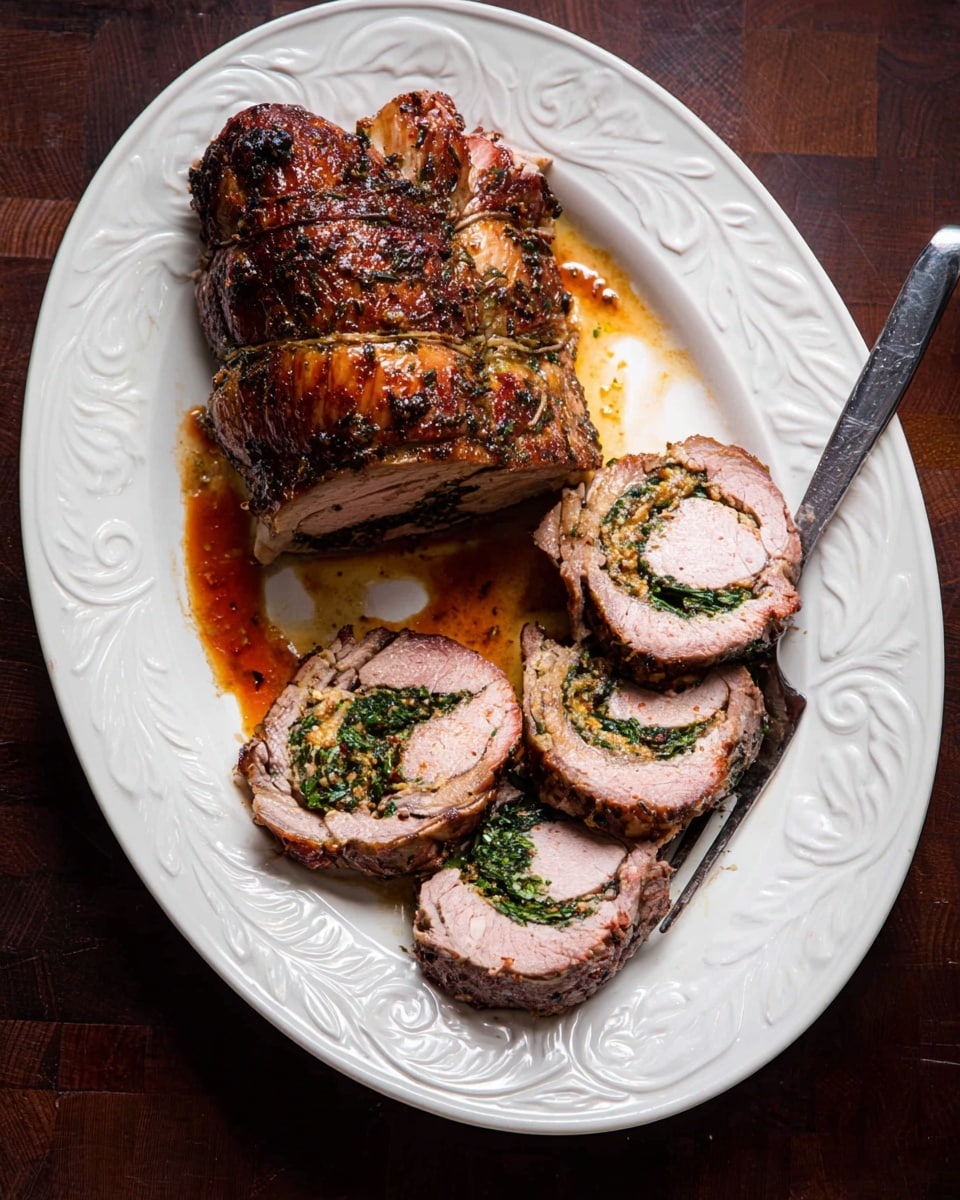A white oval plate with intricate swirling patterns around the rim holds a piece of cooked meat and several slices. The top section shows a large piece of brown roasted meat with a crust of herbs and spices. Below it, five thick slices reveal pink, juicy insides with green leafy stuffing visible in the center. A bit of reddish-brown juice spreads slightly on the plate near the slices. A silver fork rests at the bottom edge of the plate. The plate sits on a dark wooden surface, replaced here with a white marbled texture. Photo taken with an iphone --ar 4:5 --v 7