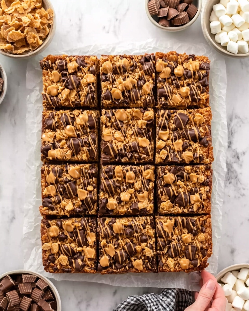 A large rectangular tray with nine square chocolate dessert bars arranged in three rows. Each bar has a crunchy texture on top with small chunks of peanut butter cups scattered evenly over the surface. There is a light drizzle of chocolate sauce crisscrossing all bars, adding a shiny finish. The bars sit on a sheet of parchment paper over a white marbled surface. Nearby, small bowls hold more peanut butter cups, mini marshmallows, and chocolate chips. A woman's hand is reaching toward the bars. Photo taken with an iphone --ar 4:5 --v 7