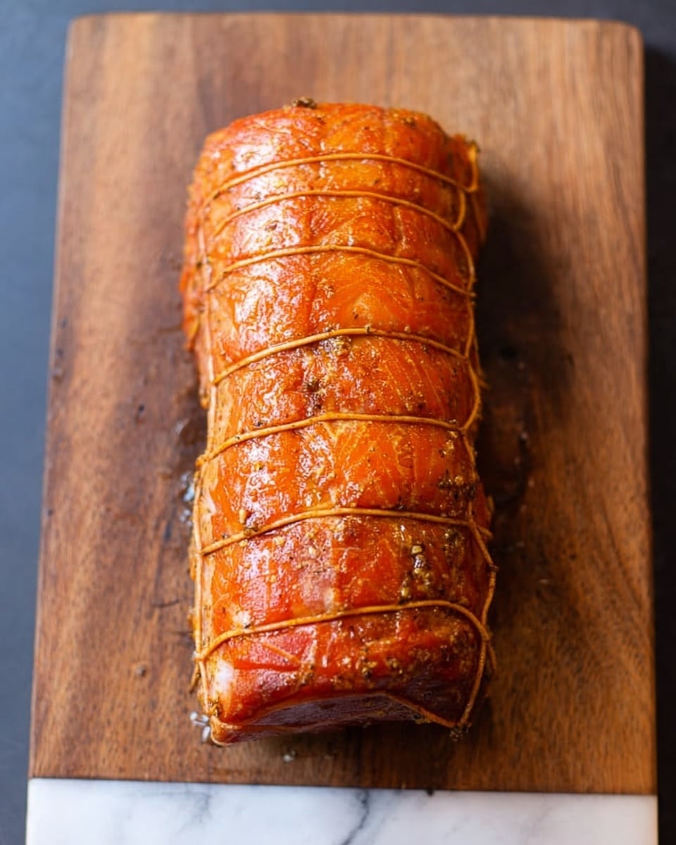 The image shows a whole, cooked roll of meat tied tightly with several loops of string running horizontally across it. The meat roll has a shiny, golden-brown crust with a slightly oily surface and some visible seasoning. It is placed on a smooth wooden cutting board, which is set on a white marbled texture. The overall look is neat and rustic, with the roll centered in the frame. Photo taken with an iphone --ar 4:5 --v 7