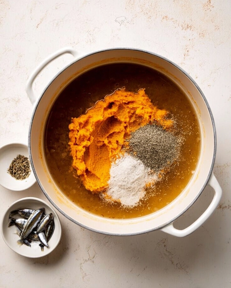 In the image, there is a white pot with two handles placed on a white marbled surface. Inside the pot, there is a clear light brown broth filling the bottom layer. Above the broth sits a large, soft mound of orange puree, slightly textured with some unevenness. On top of the orange layer, there are two piles of powdered spices in gray and white colors positioned side by side near the center. Outside the pot, on the white marbled surface, there are two small white bowls: one with small, dark gray dried fish and another with a white granulated ingredient. Photo taken with an iphone --ar 4:5 --v 7