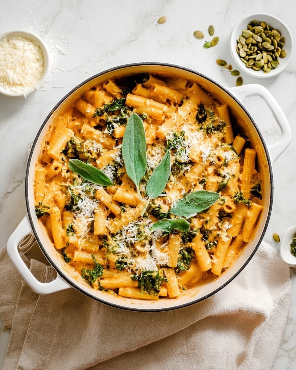 The dish shows a white plate filled with rigatoni pasta coated in a thick orange creamy sauce, mixed with dark green spinach leaves. On top of the pasta, there is a sprinkle of shredded white cheese and scattered green pumpkin seeds, with a few fresh sage leaves adding contrast. The pasta looks textured with slight specks of black pepper enhancing the visual depth. A small golden fork rests on the edge of the plate, all placed on a white marbled surface. In the background, a white bowl with grated cheese is partially visible. Photo taken with an iphone --ar 4:5 --v 7