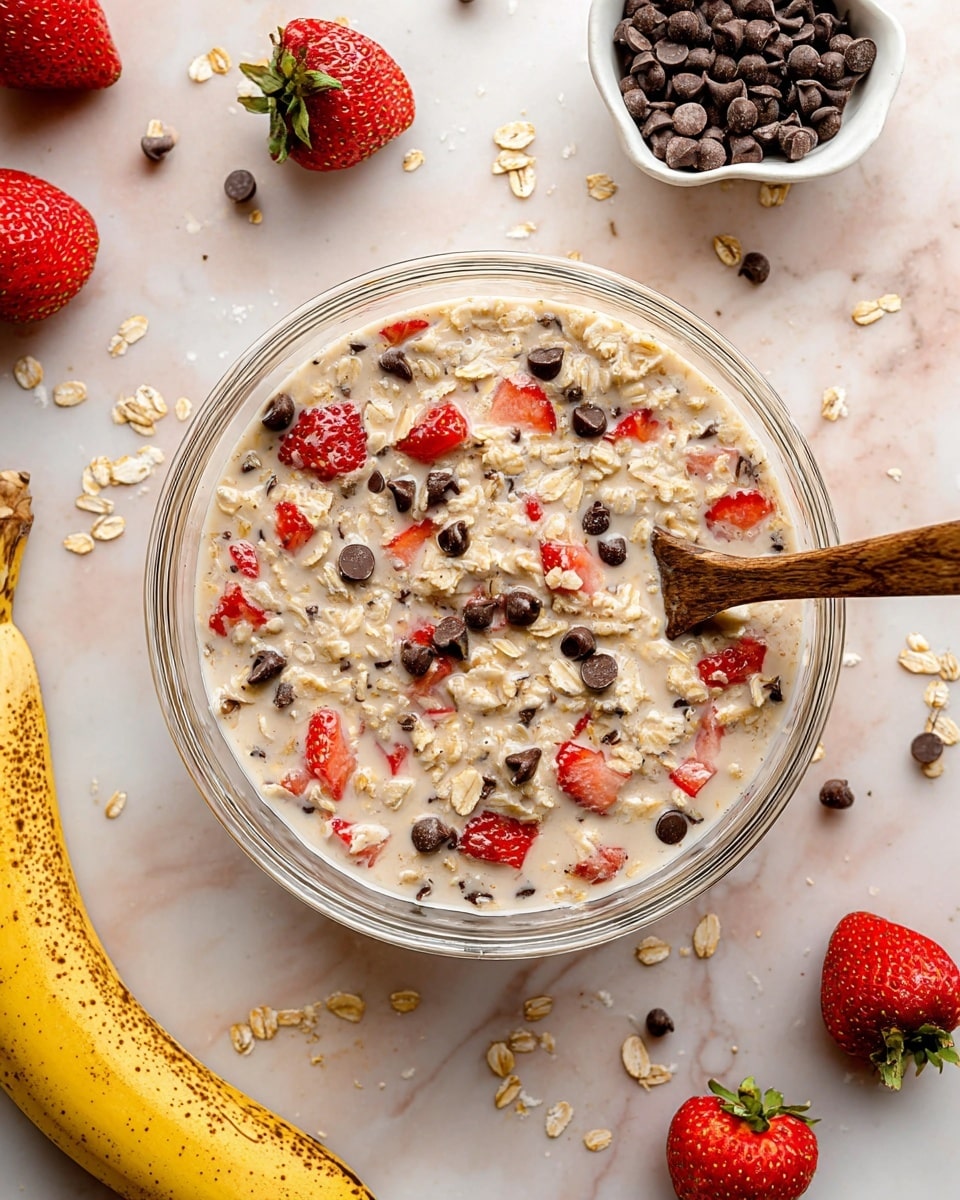 A clear glass bowl filled with a mixture of light beige oatmeal soaked in milk, scattered with bright red strawberry pieces and small dark brown chocolate chips, with a wooden spoon resting inside the bowl on the right side. Around the bowl on a white marbled surface are whole strawberries, a ripe yellow banana with brown spots on the peel, a small white bowl filled with chocolate chips, and loose oat flakes scattered casually. The overall look is fresh and inviting. photo taken with an iphone --ar 4:5 --v 7