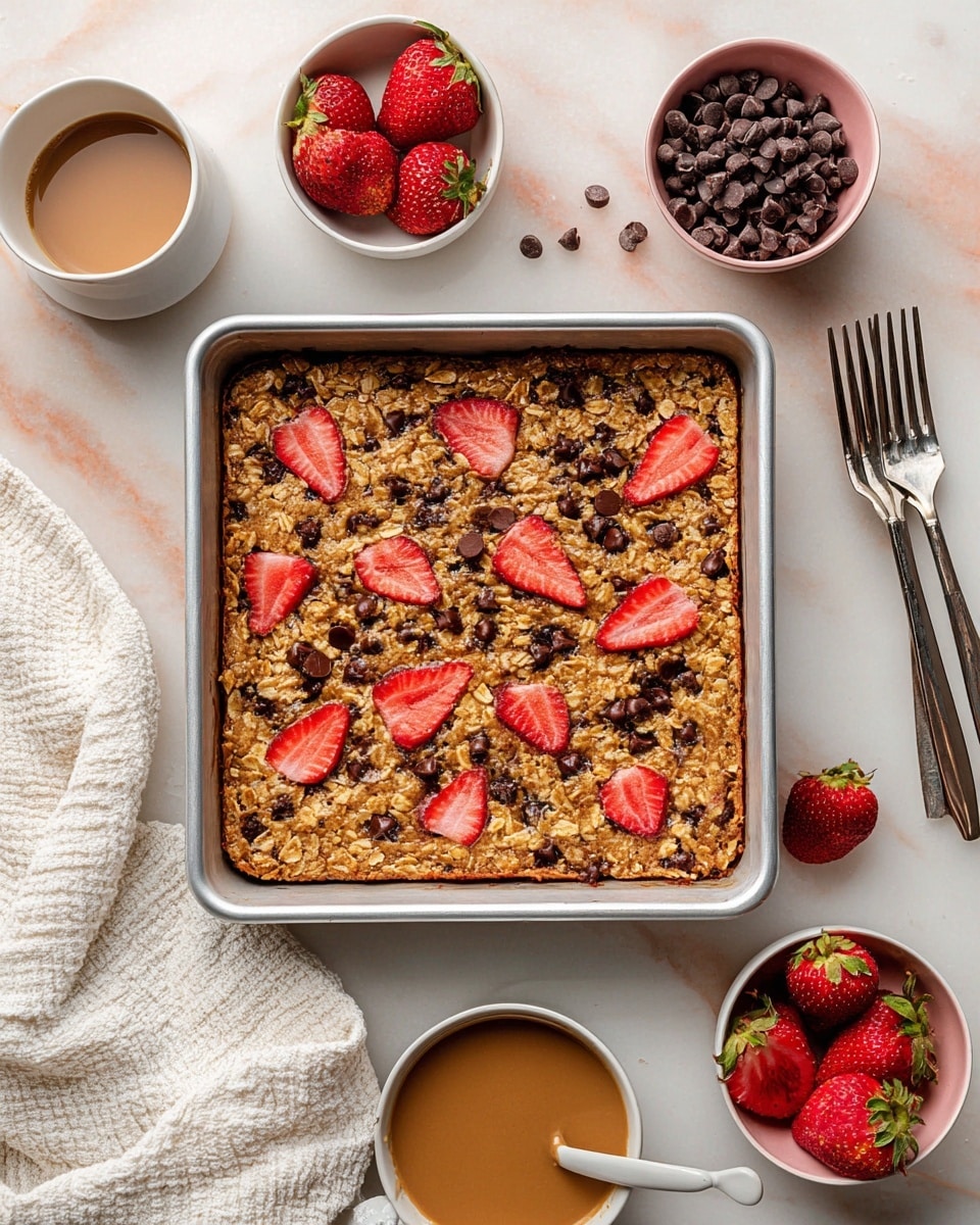A square baked oatmeal bar in a silver baking pan sits at the center on a white marbled surface. The oatmeal bar has a golden-brown textured base with visible rolled oats, scattered dark brown chocolate chips, and slices of bright red strawberries embedded evenly across the top. Surrounding the pan are small white bowls: one with whole chocolate chips, one filled with fresh sliced strawberries, and one containing a smooth light brown sauce with a silver spoon inside. Two whole strawberries are placed directly on the surface and a white textured cloth is folded to the left of the pan. In the top right corner, a white bowl with two silver forks rests on the surface. photo taken with an iphone --ar 4:5 --v 7