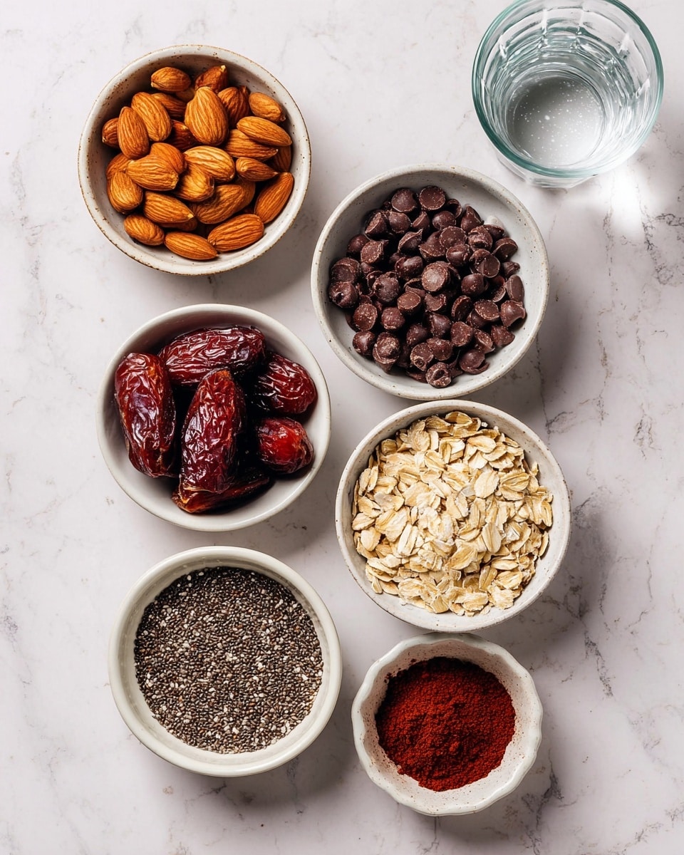 Seven small white ceramic bowls are arranged on a white marbled surface. One bowl holds whole almonds, showing their light brown, smooth texture. Another bowl contains dark brown chocolate chips, glossy and irregularly shaped. There is a bowl with red dried cranberries, shiny and wrinkled. A different bowl is filled with smooth red-brown dates. One bowl has beige rolled oats, dry and flaky. Another holds black chia seeds, small and round. The last small bowl contains a reddish brown powder, likely cocoa. Near the bowls, there is a clear glass of water. Photo taken with an iphone --ar 4:5 --v 7
