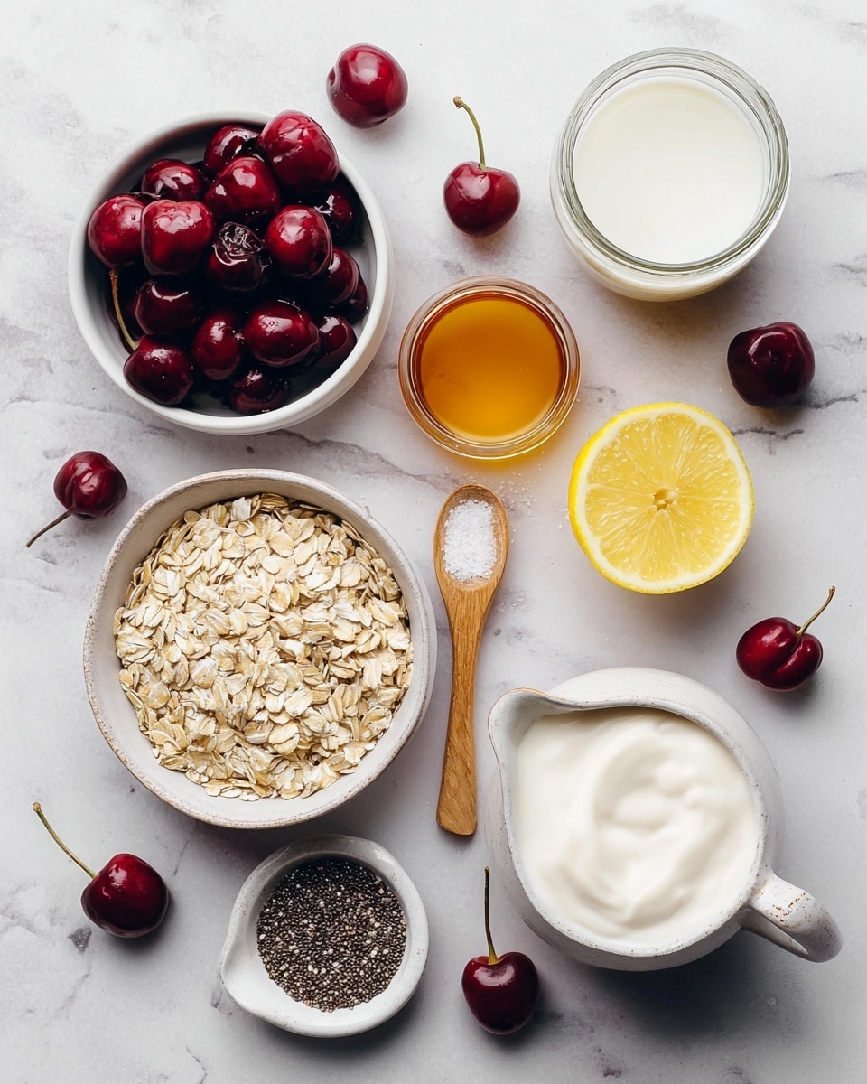 The image shows a flat lay of ingredients on a white marbled surface: a white bowl filled with dark red cherries in the top left, a small glass jar of white milk near the top right, a small glass container of amber honey below the milk, half a yellow lemon with a bright cut side on the right, a white small pitcher of smooth white yogurt in the middle right, a white bowl filled with light brown rolled oats at the bottom left, a small white bowl with dark chia seeds at the bottom right, another small white bowl with amber liquid below the oats, and a small wooden spoon with white salt next to a few scattered dark red cherries around the items, photo taken with an iphone --ar 4:5 --v 7