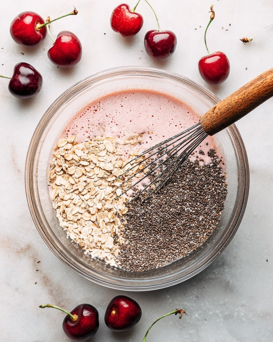 A clear glass bowl sits on a white marbled surface, filled with three distinct layers: a bottom layer of light pink foamy liquid, a middle layer of light brown rolled oats, and a top layer of dark chia seeds. A metal whisk with a wooden handle is partially submerged, mixing the layers. Around the bowl, fresh red cherries with green stems are scattered randomly. photo taken with an iphone --ar 4:5 --v 7