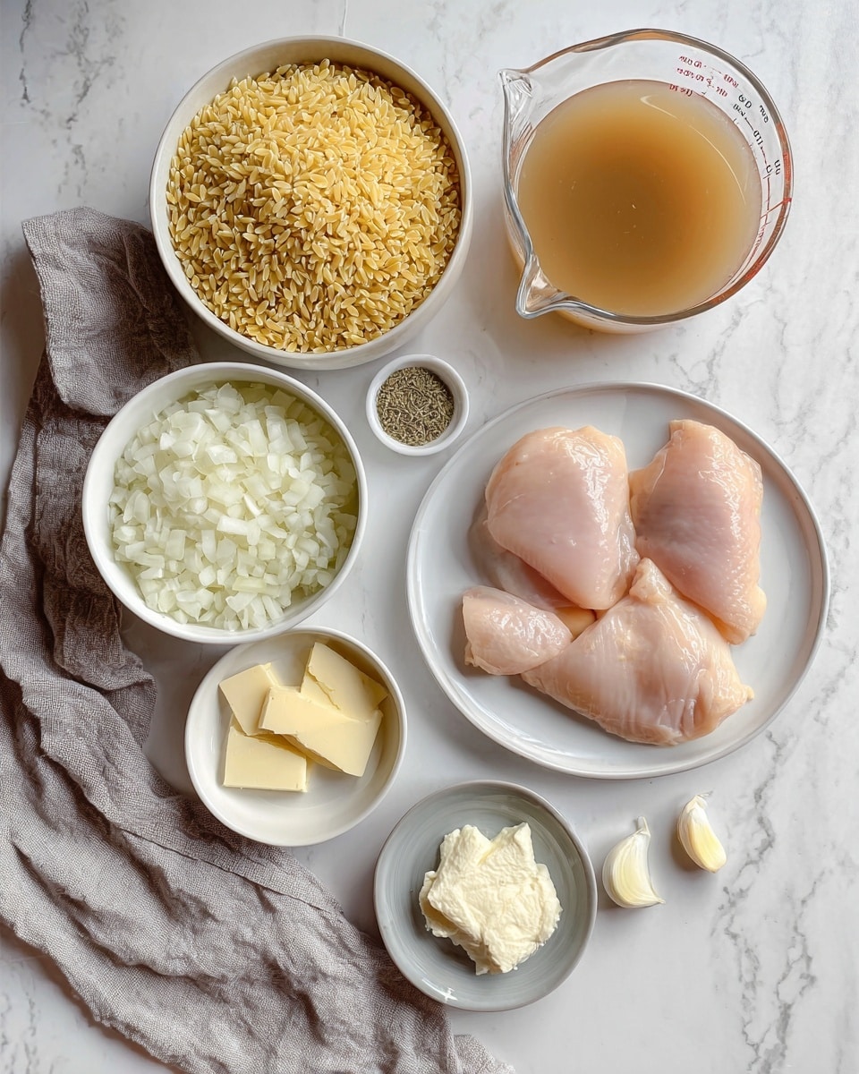 The image shows raw ingredients arranged neatly on a white marbled surface. There are four raw pale pink chicken pieces on a white round plate placed on the right side. Below the chicken, there is a white bowl full of chopped white onions. To the left of the onions, a white bowl contains uncooked golden-yellow orzo pasta. Above the orzo is a clear glass measuring cup filled with light brown broth. Next to the measuring cup is a small white bowl with dried herbs. Below the herbs, a small white bowl contains slices of light yellow cheese. Near the cheese are three peeled garlic cloves. To the right of the garlic is a small gray bowl holding two dollops of cream cheese or butter. A crumpled light gray cloth is placed on the left side. The composition is clean and simple, focusing on the raw natural colors of the ingredients. photo taken with an iphone --ar 4:5 --v 7