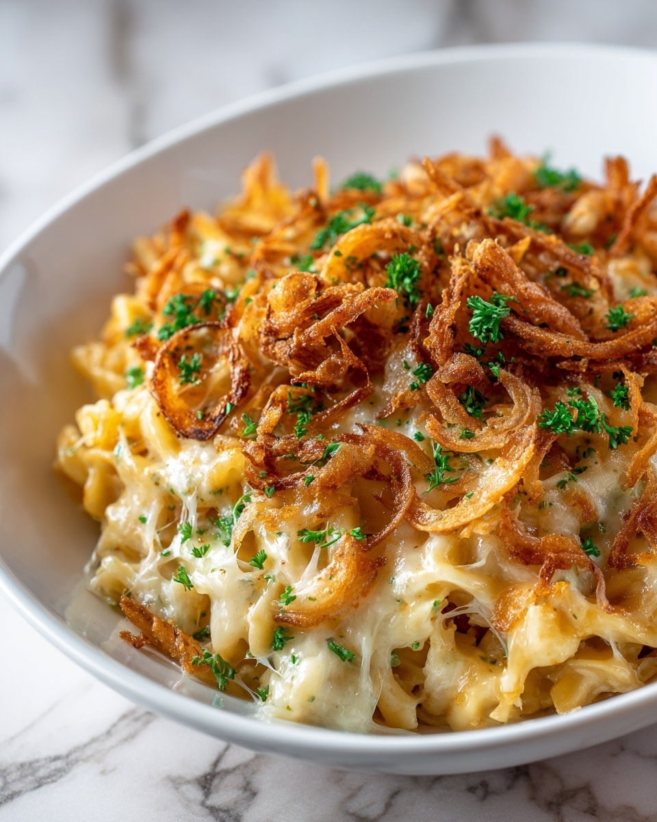A white bowl holds a layered pasta dish with visible short noodles mixed with creamy melted cheese underneath a topping of crispy fried onion rings that are golden-brown and slightly curled. Bright green parsley pieces are scattered on top adding spots of color. The pasta looks soft and rich, with the cheese stretching between the noodles. The background shows a white marbled texture. photo taken with an iphone --ar 4:5 --v 7