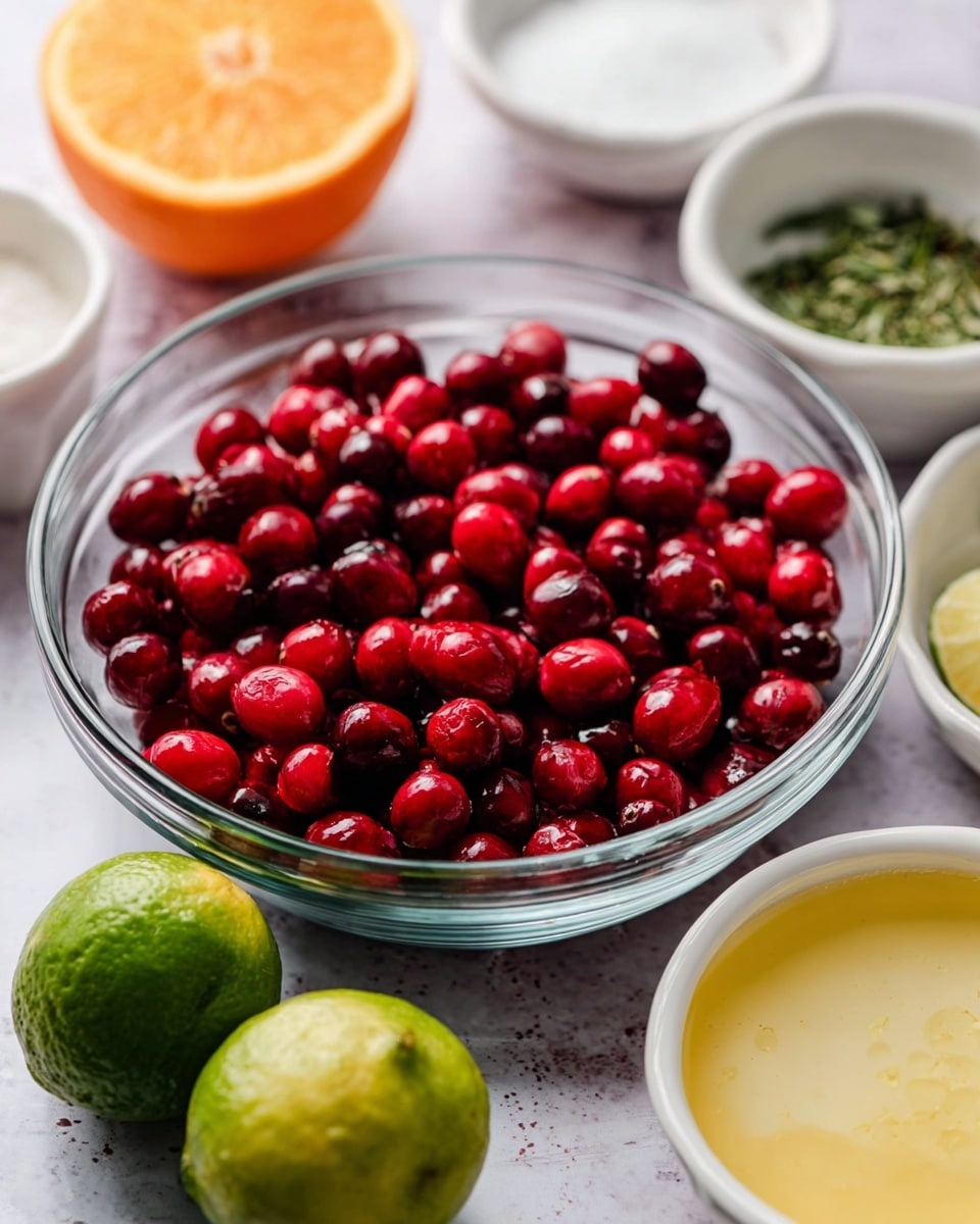 A clear glass bowl filled with bright red fresh cranberries sits in the middle of the image. Around the bowl, there are different small white dishes and bowls holding ingredients like white sugar, green herbs, and a light yellow liquid. Two halves of a squeezed lime with light green, rough textures sit near the front. Behind the bowl, half an orange with a bright orange color and juicy texture is visible. The surface is a white marbled texture. photo taken with an iphone --ar 4:5 --v 7