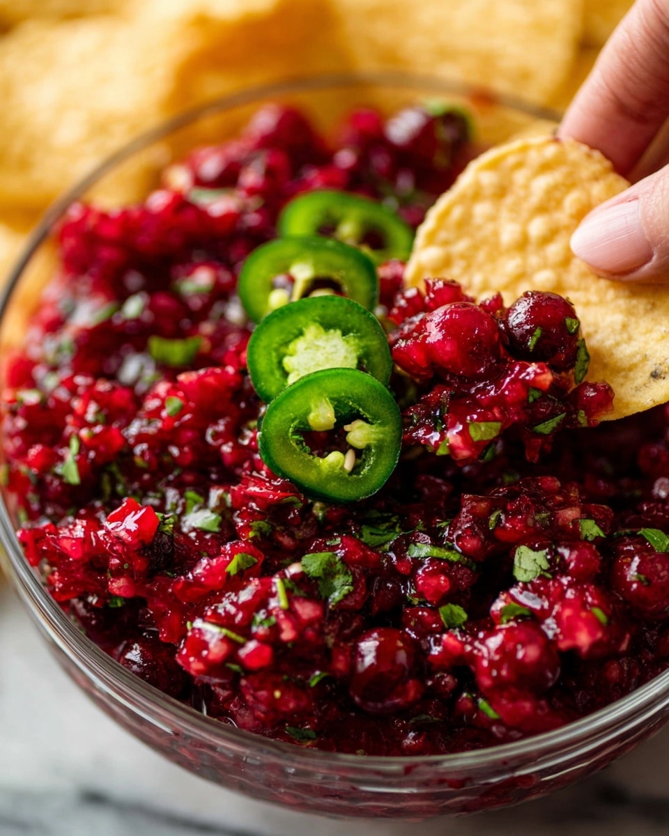 A clear round bowl is filled with a colorful salsa made of bright red pomegranate seeds mixed with small bits of green herbs and darker green chopped peppers, topped with three green jalapeño slices that show their white seeds inside. The bowl sits on top of large yellow corn chips that form a base around it. The whole setup rests on a white marbled surface, with a soft green cloth casually placed nearby. photo taken with an iphone --ar 4:5 --v 7
