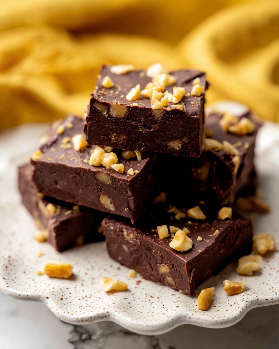 A stack of five dark brown chocolate fudge squares with a rough, slightly cracked texture is placed on a white ceramic plate with a speckled design and scalloped edge. The top layer of each square is sprinkled with small, uneven pieces of light tan walnuts, some of which have fallen onto the plate. The plate sits on a white marbled surface with a soft focus yellow cloth in the background. The image is close-up, showing the dense and rich appearance of the fudge, with visible walnut bits inside the squares. photo taken with an iphone --ar 4:5 --v 7