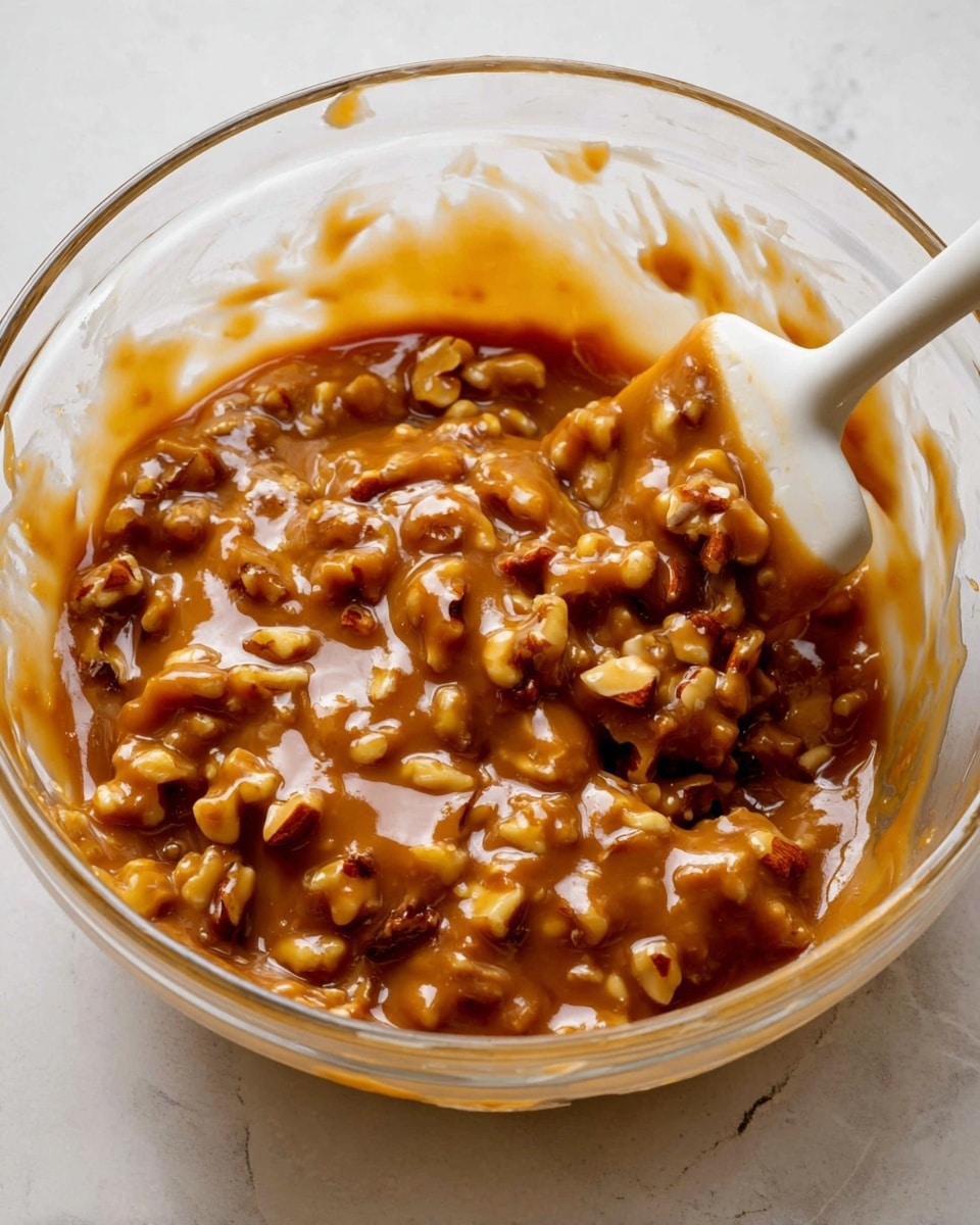 A clear glass bowl filled with a thick, sticky mixture of caramel-colored sauce combined with small, unevenly shaped walnut pieces, showing a glossy, smooth texture over chunky bits. A white spatula partially covered with the same mixture rests inside the bowl, positioned towards the right side, with some sauce smeared along the bowl's inner edge. The bowl is placed on a white marbled surface. photo taken with an iphone --ar 4:5 --v 7