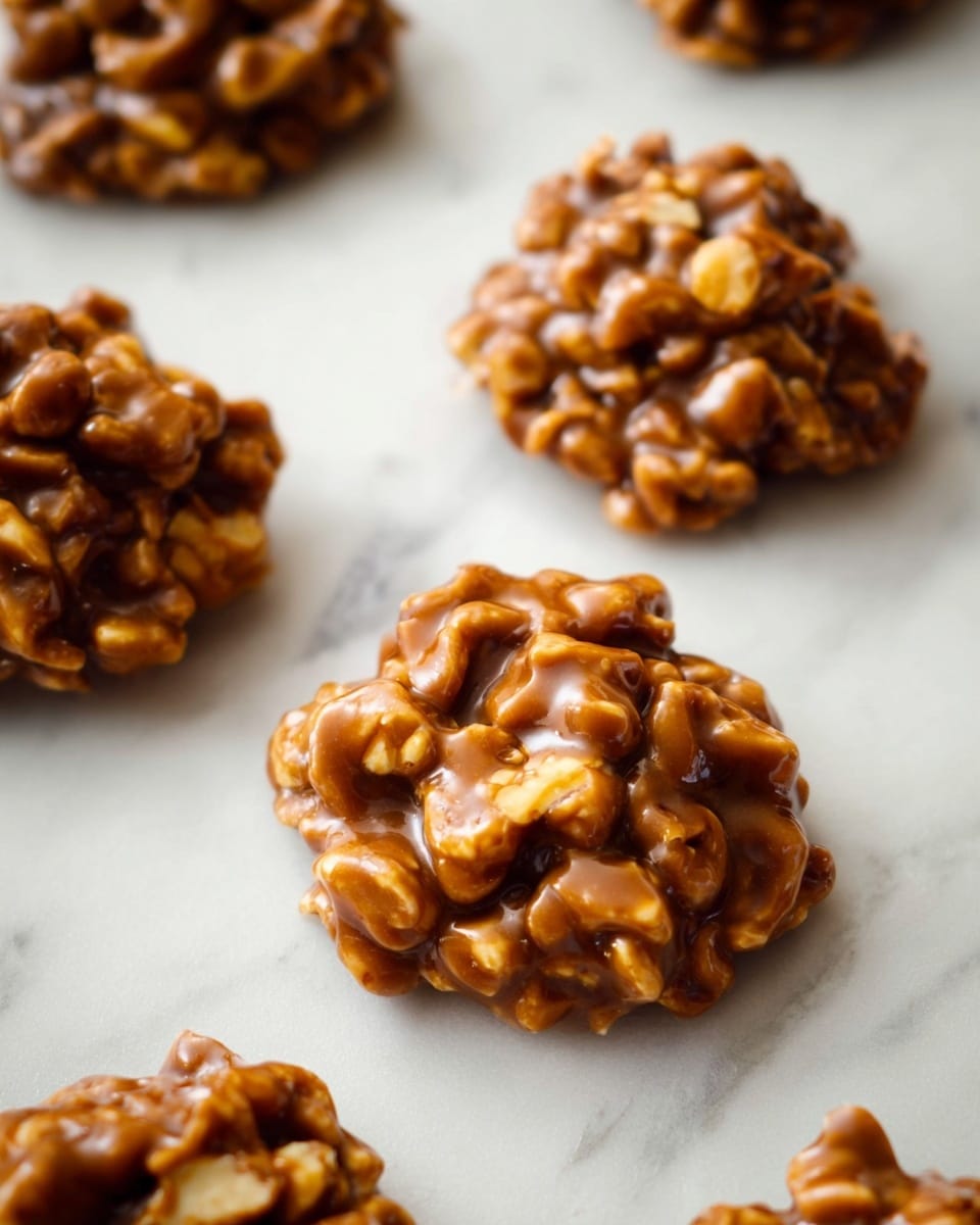 The image shows several small, irregularly shaped clusters of glossy brown candy with visible chunks of nuts mixed in, placed on a white marbled surface. Each cluster has a shiny, caramel-like texture that coats the nut pieces, giving them a sticky and slightly uneven look. The candy piles are spaced evenly in rows, with each cluster roughly the size of a small cookie. The background is softly blurred, focusing on the detailed nut pieces and the glossy caramel coating. Photo taken with an iphone --ar 4:5 --v 7