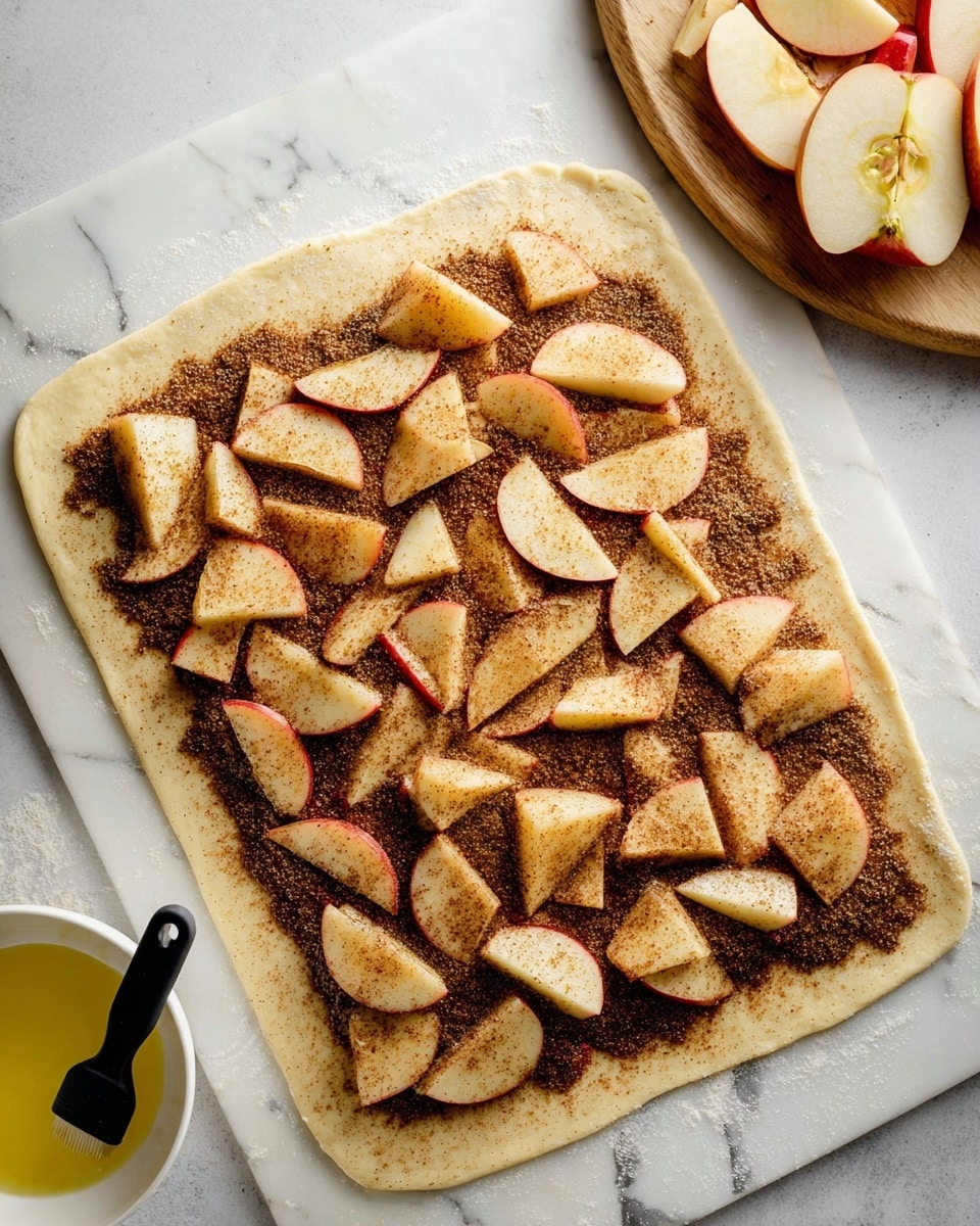 A sheet of dough laid flat on a white marbled surface forms the base layer, with a dark brown spice and sugar mixture spread evenly across it, leaving a small border around the edges. On top of this layer, sliced apple pieces with a light cream color and red edges are scattered close together to cover most of the dough. To the side, there is a white bowl with a light yellow butter or sauce and a black brush resting in it, hinting at preparation steps. In the top right corner, a wooden board holds extra apple slices. The image is bright and clean, showing a work-in-progress pastry creation. photo taken with an iphone --ar 4:5 --v 7