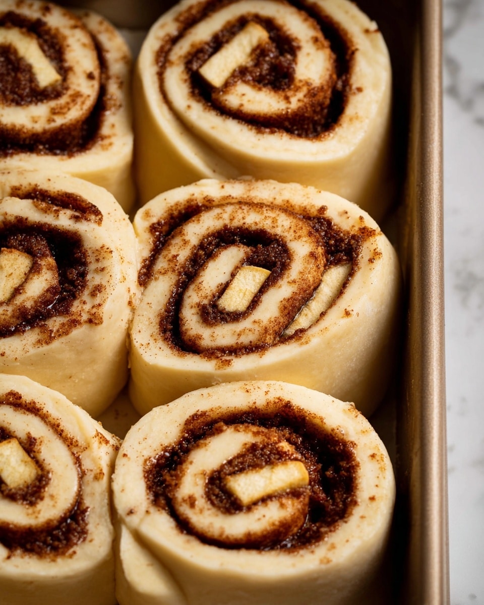 The image shows several raw cinnamon rolls closely placed together in a baking tray. Each roll has a thick outer layer of light beige dough wrapped around an inner layer filled with a dark brown cinnamon sugar mix. Inside the cinnamon layer, there are thin, pale yellow slices of apple evenly spread in spirals. The dough looks soft and slightly puffy with some specks of cinnamon on top. The baking tray underneath has a soapy shine and rests on a white marbled surface. photo taken with an iphone --ar 4:5 --v 7