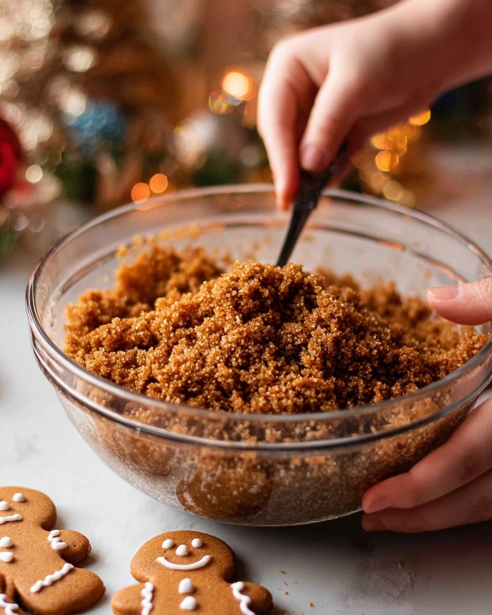 A clear glass bowl is filled with a crumbly, brown mixture with a grainy texture. A woman's hand is holding a small black spoon stirring the mixture inside the bowl, while another woman's hand gently holds the bowl from the side. In the front corner, three decorated gingerbread cookies with white icing and smiling faces rest on the surface. The background shows blurred holiday decorations with warm lighting, all set on a white marbled surface. photo taken with an iphone --ar 4:5 --v 7