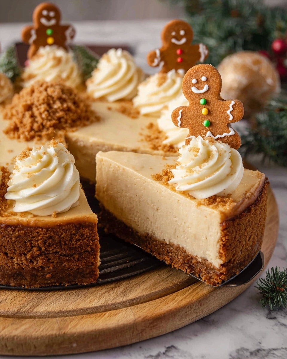 The image shows a round two-layer ginger cheesecake on a wooden board, placed on a white marbled surface. The bottom layer is a crumbly dark brown crust, while the top layer is thick, smooth, and light brown cheesecake filling. Each slice is decorated with a swirl of white cream on top, sprinkled with crushed crumbs. A small gingerbread man cookie with colorful icing buttons and white icing outlines is placed standing upright next to the cream on each slice. Nearby, there are small Christmas decorations and green pine sprigs. Photo taken with an iphone --ar 4:5 --v 7
