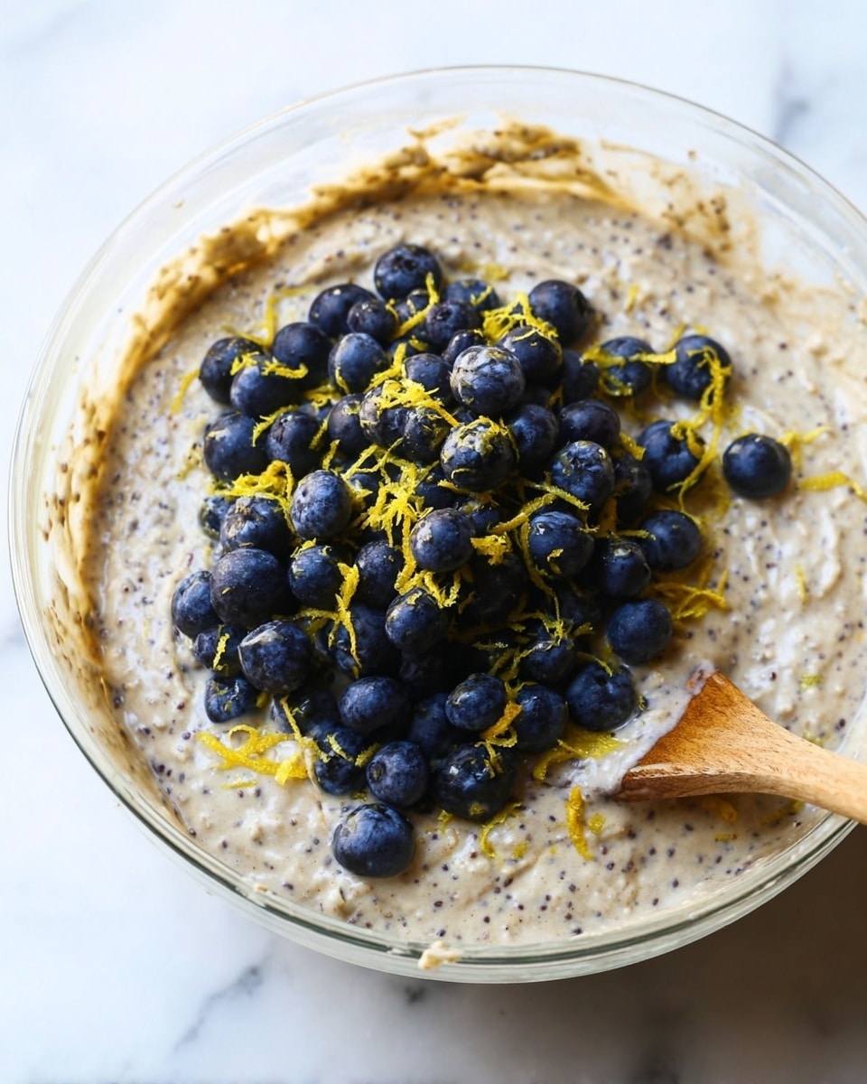 A clear glass bowl filled with a thick, creamy batter that has a speckled texture with visible small dark seeds or grains mixed throughout. On top of the batter is a pile of fresh blueberries, deep blue and plump, scattered slightly with bright yellow lemon zest strands spread over them. A wooden spatula is partially dipped into the batter on the right side of the bowl. The bowl sits on a white marbled surface. Photo taken with an iphone --ar 4:5 --v 7