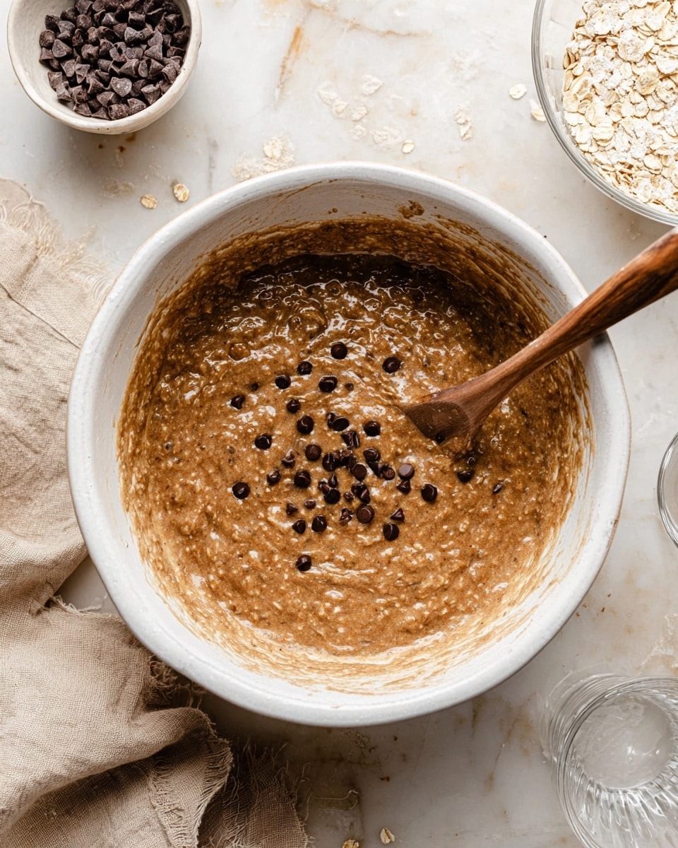 Two glass jars filled with a brown creamy pudding that has tiny dark bits mixed inside. Each jar has a spoonful of white cream on top, sprinkled with small dark chocolate chips. The jars sit on a beige cloth with a soft texture, and some chocolate chips are scattered around it. Nearby, there is a white bowl with more white cream and a wooden spoon inside. In the background, there are two beige and white cups, one filled with a light brown coffee with foam on top. Two golden spoons lay on the cloth close to the jars. The whole scene is on a white marbled surface. photo taken with an iphone --ar 4:5 --v 7