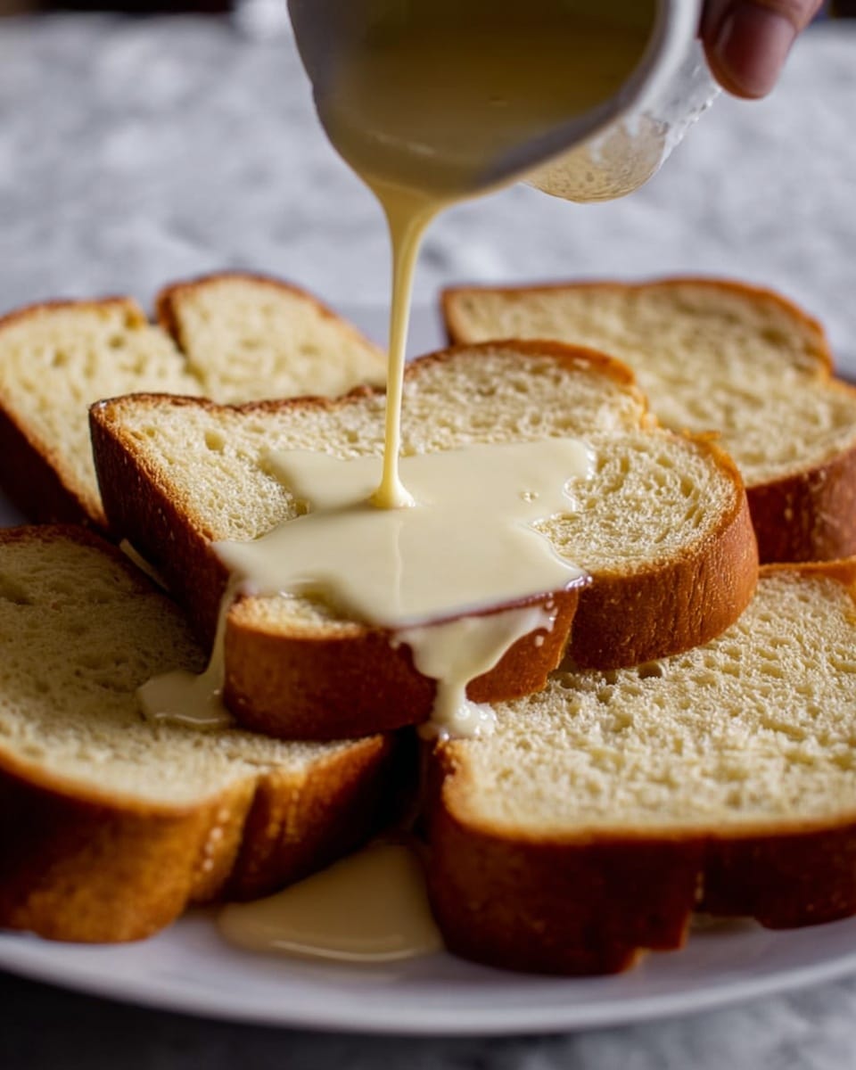 A close-up image shows four slices of bread placed on a white plate sitting on a white marbled surface. The bread has a golden-brown crust with a light, airy inside. A woman's hand is pouring a creamy, pale yellow liquid evenly over one slice in the center of the plate, creating a smooth, dripping texture as it spreads over the bread. The background is softly out of focus, highlighting the rich color and texture of the bread and liquid. Photo taken with an iphone --ar 4:5 --v 7