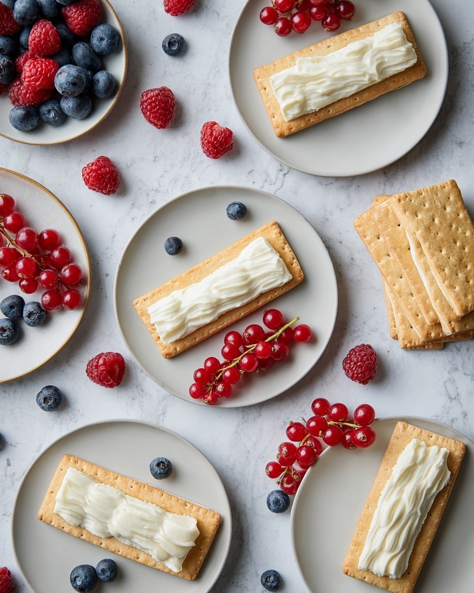 The image shows several white plates on a white marbled surface, each holding rectangular flat crackers with a pale golden-brown color. On some crackers, there is a thick layer of smooth white cream that is piped in a wavy pattern on the top center. Some plates also have extra plain crackers stacked beside the ones with cream. Around the plates, fresh red raspberries, deep blue blueberries, and bright red currants add vibrant pops of color. The overall arrangement is neat and spaced, highlighting the contrast between the creamy white topping, the golden crackers, and the colorful berries. Photo taken with an iphone --ar 4:5 --v 7