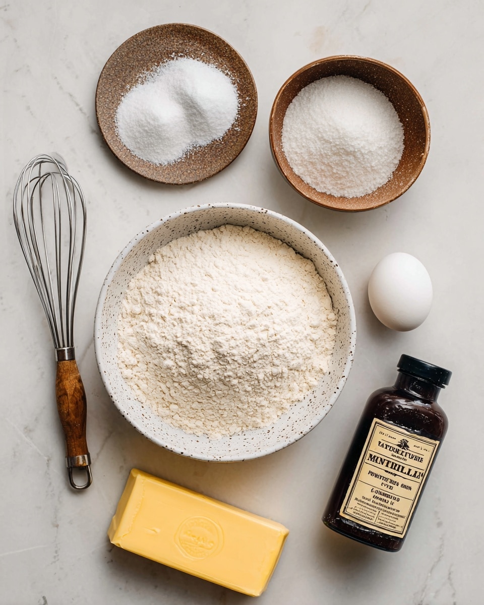 A top view of baking ingredients neatly arranged on a white marbled surface, featuring a white speckled bowl filled with a heap of white flour in the center, a smaller brown bowl above it filled with granulated sugar, and a small brown plate to the left holding three white powders, likely baking powder, salt, and cornstarch. To the right of the flour bowl is a dark brown glass bottle of vanilla bean paste, and below the bowl is an unopened yellow stick of butter with clear labeling. A single white egg sits near the butter, and a whisk with a wooden handle lies to the left on the surface. The scene is bright and softly lit, photo taken with an iphone --ar 4:5 --v 7