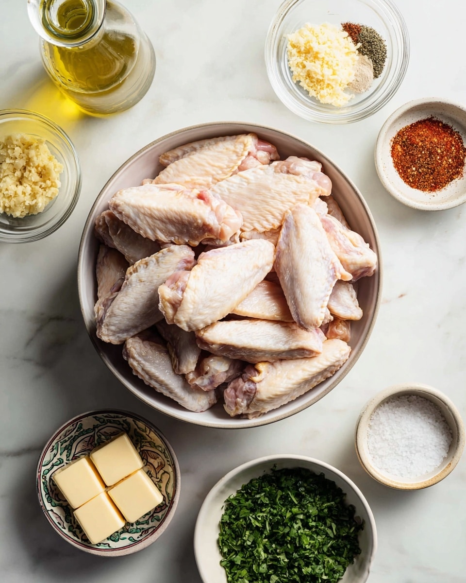 A large white bowl filled with many raw chicken wings, showing light pink and pale beige skin layers, placed at the center on a white marbled surface; around it are several small ceramic bowls—one with pale yellow minced garlic, another with a mix of red, white, and beige powdered spices, a third with white powder, and a fourth bowl holding two square yellow butter pieces; a decorative bowl filled with chopped fresh green herbs sits at the bottom, with a clear glass bottle filled with light yellow liquid positioned on the left side; all items are neatly arranged and the scene is well-lit with natural light, photo taken with an iphone --ar 4:5 --v 7