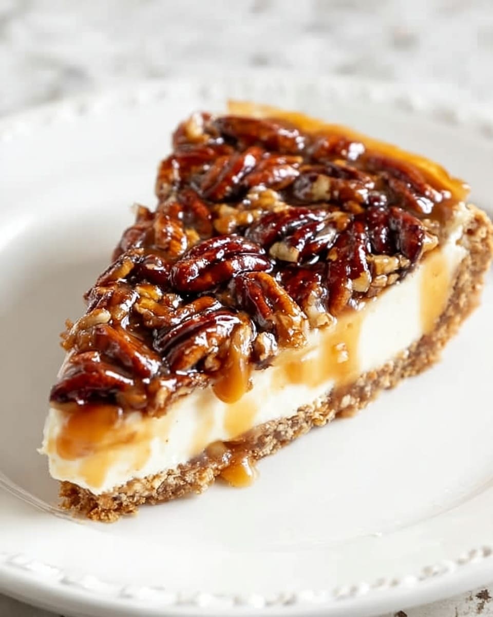 The image shows a three-layer cheesecake on a round white plate, placed on a white marbled surface. The bottom layer is a thick, brown crumb crust with a coarse texture. The middle layer is a smooth, creamy, light beige cheesecake filling. The top layer is covered with a glossy caramel sauce that drips down the sides, and whole dark brown pecans are scattered evenly on top, sitting in the caramel. Around the plate, there are a few pecans and a spoon with some caramel on it. The background is softly blurred with a white marbled texture. photo taken with an iphone --ar 4:5 --v 7