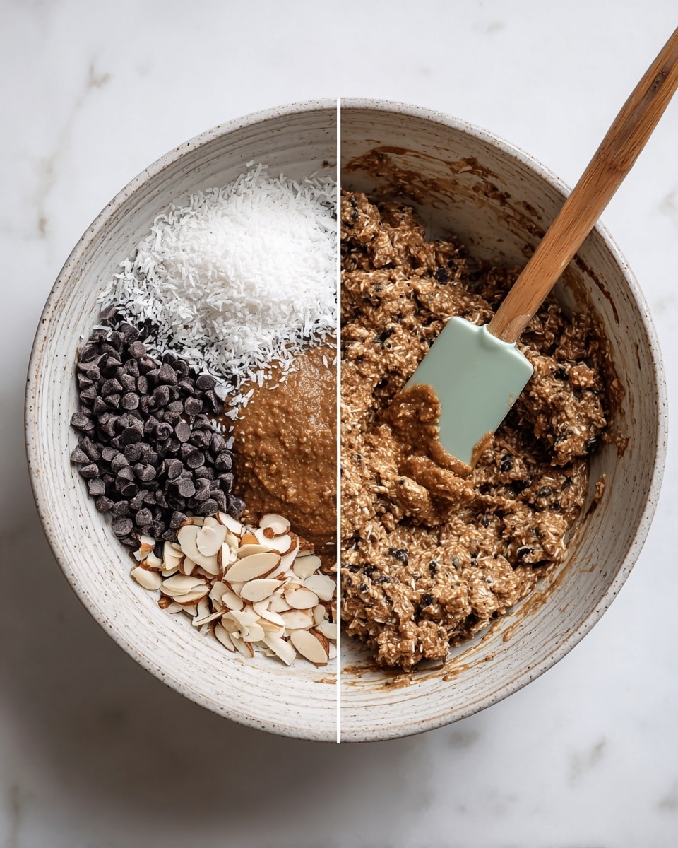 A white textured bowl is placed on a white marbled surface, filled with a mix of ingredients for baking. On the left side, there is a layer of shredded white coconut, next to a group of dark chocolate chips, and light beige almond slices, all sitting on top of a thick brown paste. A mint green spatula with a wooden handle rests inside the bowl, partially covered with some of the brown mixture. The next image shows the same bowl with all the ingredients fully mixed, creating a chunky, textured batter with visible almond slices and chocolate chips mixed evenly. Photo taken with an iphone --ar 4:5 --v 7