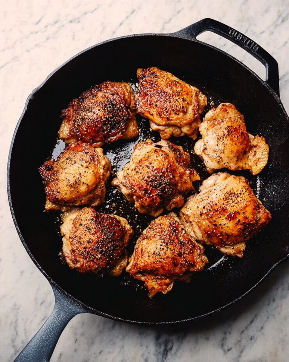 A black cast iron pan filled with seven evenly spaced golden-brown cooked chicken pieces with a crispy, seasoned surface showing specks of black pepper; the pan is placed on a white marbled surface which contrasts with the dark pan and the warm tones of the chicken. photo taken with an iphone --ar 4:5 --v 7