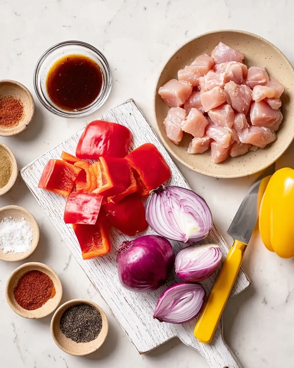 The image shows a white marbled surface with a small white wooden board in the center, holding a red bell pepper cut into large pieces and a purple onion sliced in half and into quarters. To the top right of the board, there is a beige plate filled with raw light pink chicken chunks. Around the board and plate, there are small white bowls containing various spices in shades of brown, red, and black, such as ground spices and coarse salt. A small glass bowl with dark brown sauce sits near the top left, and a yellow bell pepper is partially visible at the bottom right. A knife with a yellow handle rests on the white board next to the onion. The photo is taken with an iphone --ar 4:5 --v 7