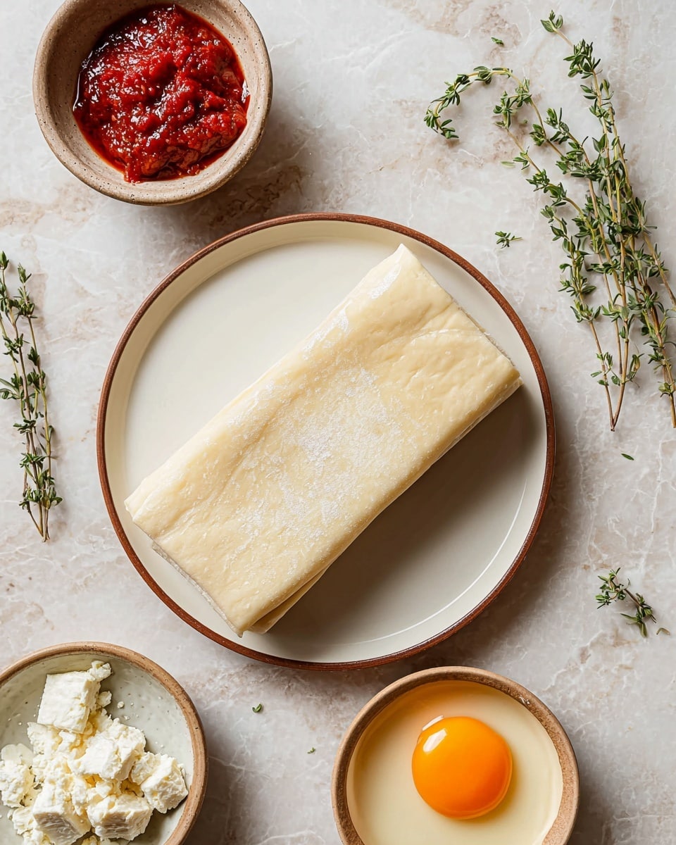 The image shows a rectangular block of light beige dough folded in layers, placed diagonally on a simple white plate with a brown rim, set on a white marbled surface. Around the plate are three smaller dishes: one with a bright red chunky sauce, another with a white creamy block of cheese with some crumbly bits, and the third with a single bright orange egg yolk. Fresh green thyme sprigs are scattered casually near the plate, adding a natural touch. The colors are soft and warm, with the dough's smooth texture contrasted by the chunky sauce and crumbly cheese. Photo taken with an iphone --ar 4:5 --v 7