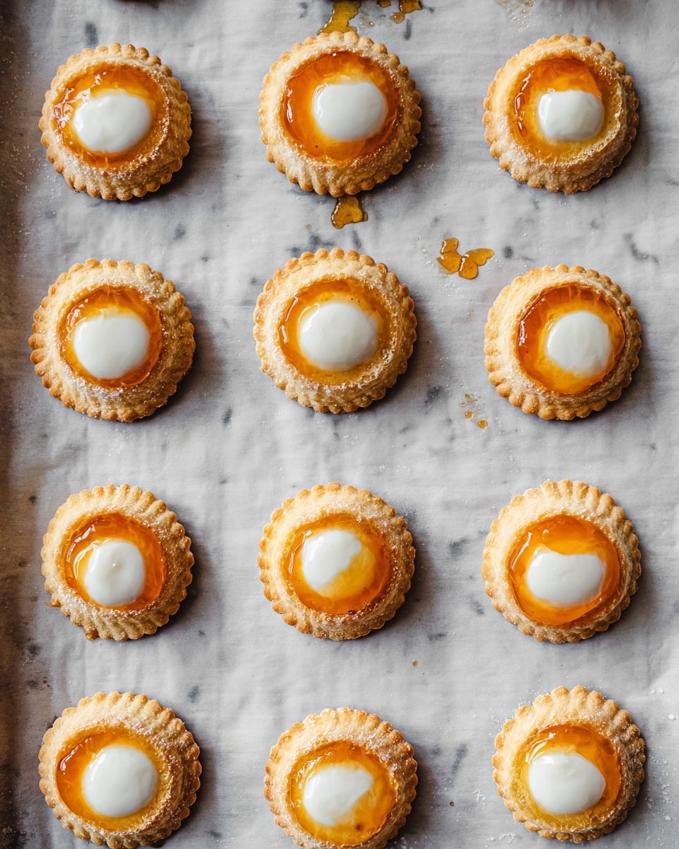 The image shows fourteen small round pastries arranged in a grid pattern on white parchment paper over a baking tray. Each pastry has two layers: a golden-brown puff pastry base with a scalloped edge and a smooth white round topping in the center with a thin ring of orange jam or glaze underneath it. The pastries have a slightly shiny finish, and there are caramelized spots around them on the parchment paper. The scene is viewed from above on a white marbled textured surface. Photo taken with an iphone --ar 4:5 --v 7