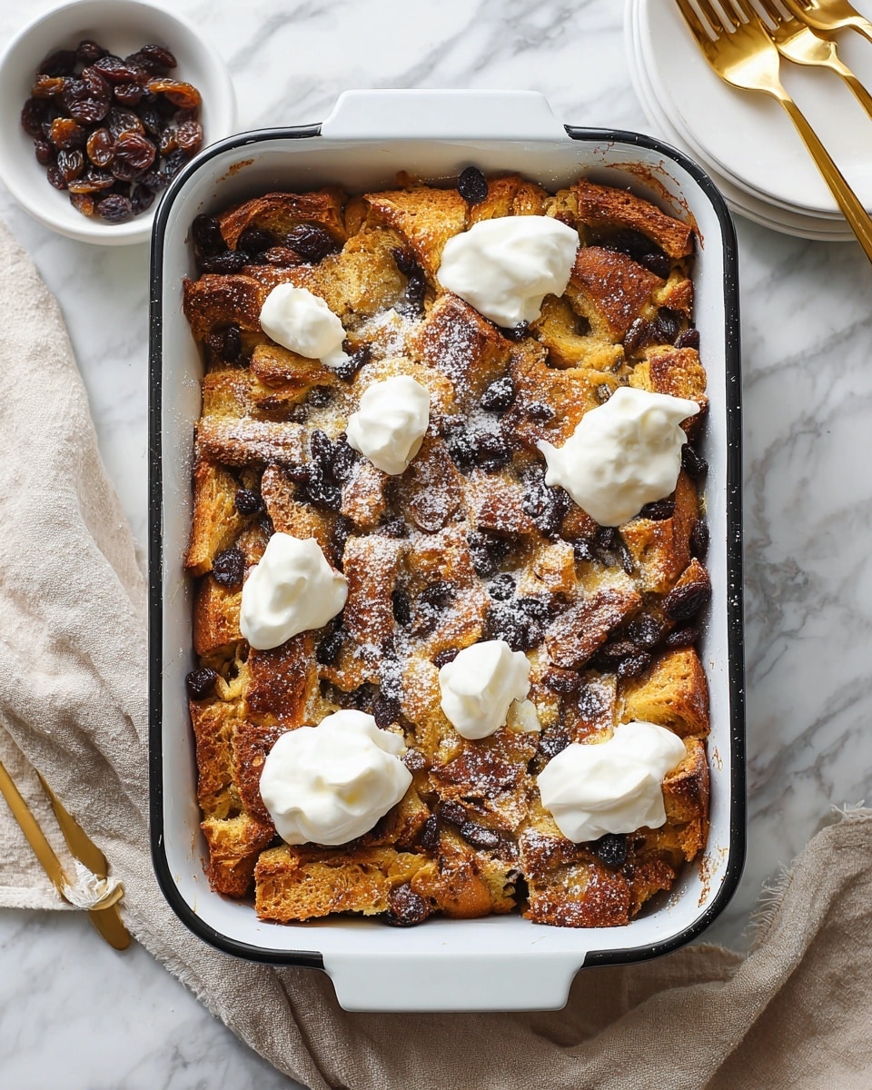 A close-up of a baked bread pudding in a white rectangular baking dish with a black rim. The dish is filled with golden-brown, toasted bread pieces mixed with dark brown raisins, creating a textured top layer dusted lightly with powdered sugar. Four dollops of white whipped cream are spread unevenly across the surface, adding softness to the crunchy texture. The setting includes a white marbled surface with a beige cloth nearby, a small bowl of raisins, and a white plate with gold-toned cutlery partly visible at the top right corner. Photo taken with an iphone --ar 4:5 --v 7