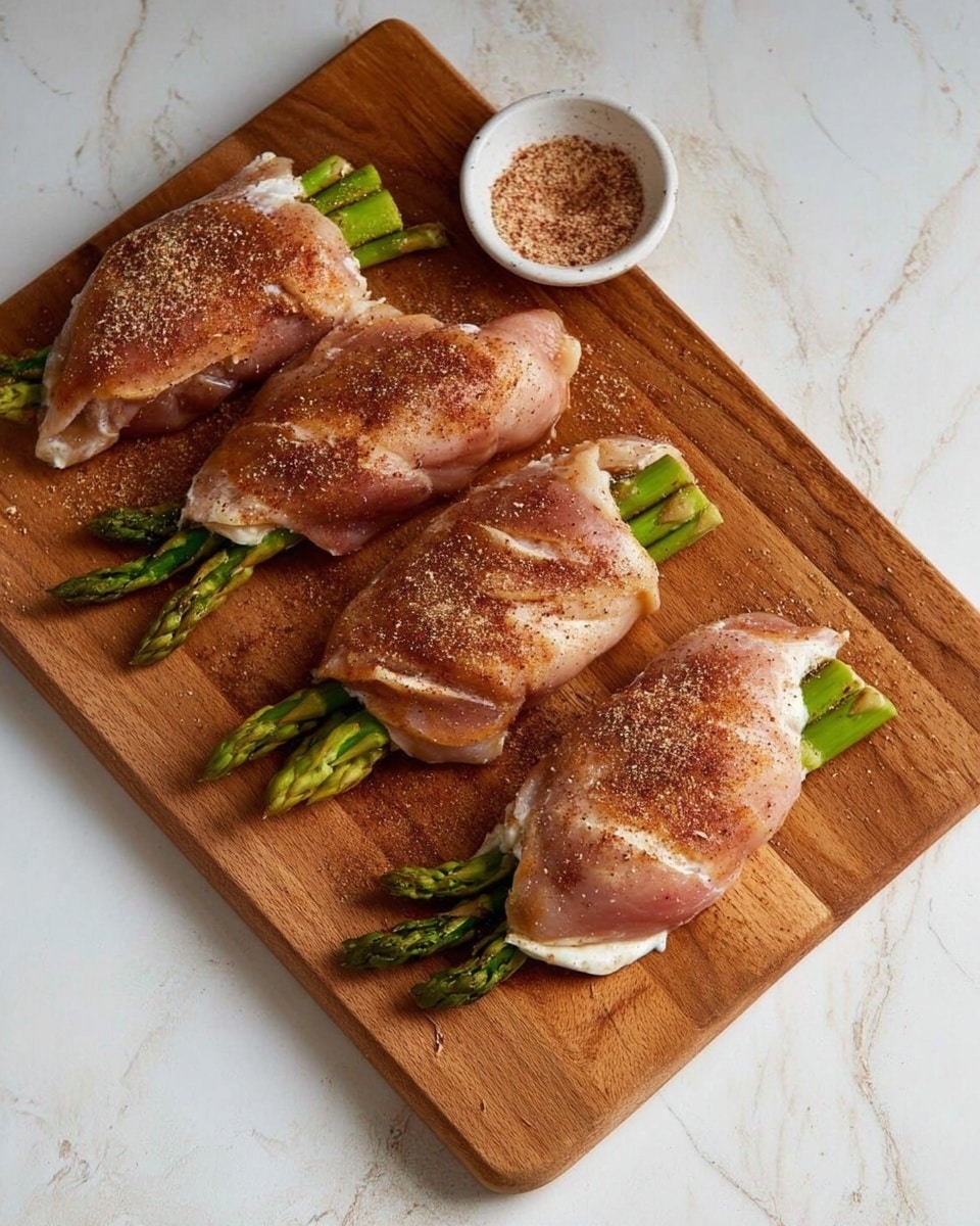 Four pieces of raw chicken stuffed with green asparagus and white cheese are placed on a wooden cutting board. Each chicken piece is sprinkled with a reddish-brown seasoning on top. The asparagus stalks stick out from one side of each chicken roll, showing fresh green tips. To the side on the cutting board is a small white dish containing more reddish-brown seasoning. The background surface has a white marbled texture. photo taken with an iphone --ar 4:5 --v 7