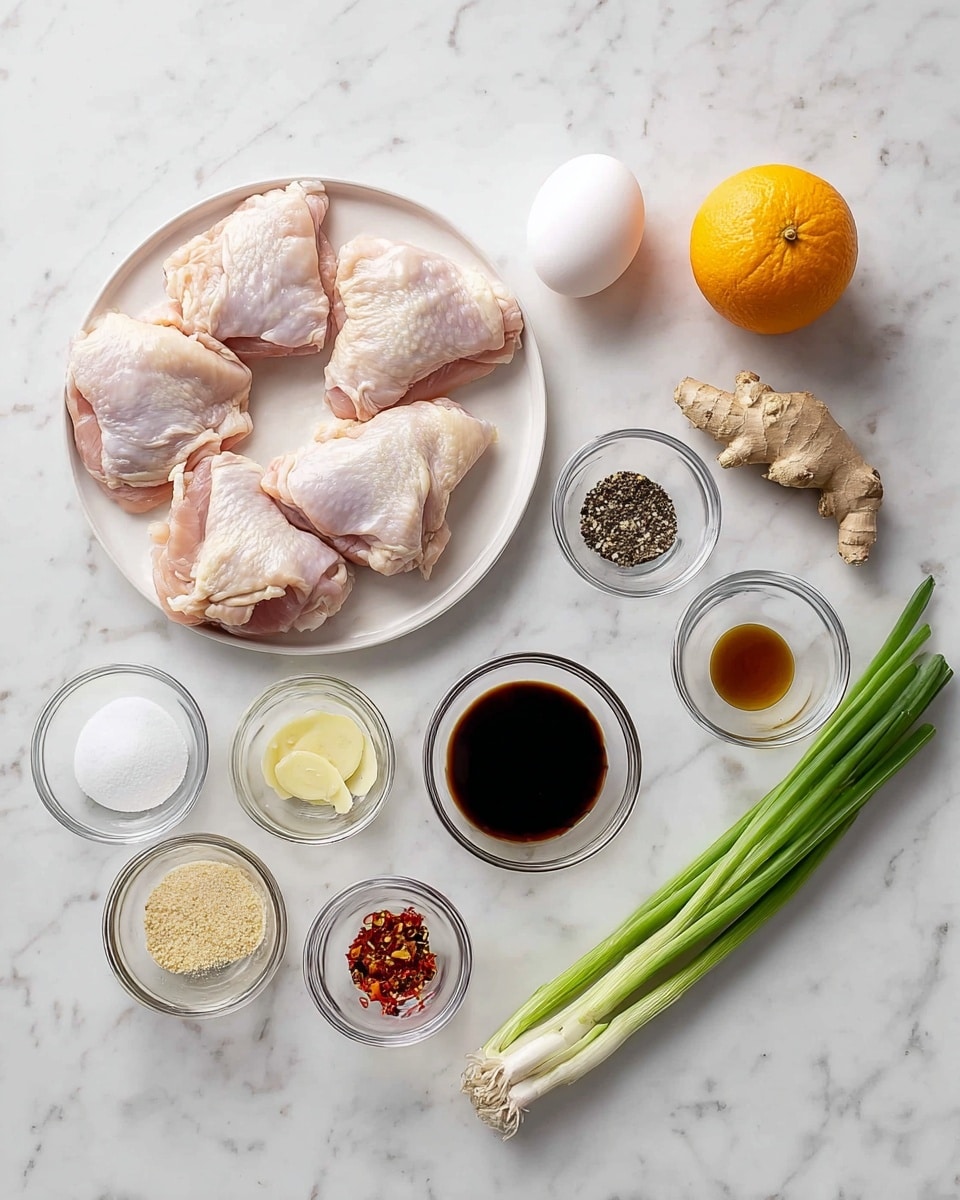 The image shows several ingredients placed neatly on a white marbled surface. On the left, there are five pieces of raw chicken thighs with a light pink color and some fat. To the right of the chicken, a white egg is visible. Nearby, there are small clear glass bowls holding different ingredients: one has black pepper, another has a light yellow or white powder, one has a light brown sugar-like substance, another has a dark brown liquid (likely soy sauce), and one has small red chili flakes. Also present are an orange, a small piece of fresh ginger root, a garlic clove, a clear liquid in a small bowl, and three green onions with long green stalks and white bulbs laid flat. The items are arranged in a way that each ingredient is easily seen and separated. Photo taken with an iphone --ar 4:5 --v 7