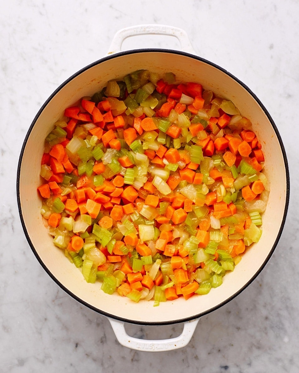 The image shows a white cast iron pot with two handles, filled with small diced vegetables. The vegetables include bright orange carrots, green celery, and light yellow onions, all mixed together evenly. The vegetables are soft and slightly shiny, suggesting they are cooked or sautéed. The pot is placed on a white marbled surface. photo taken with an iphone --ar 4:5 --v 7