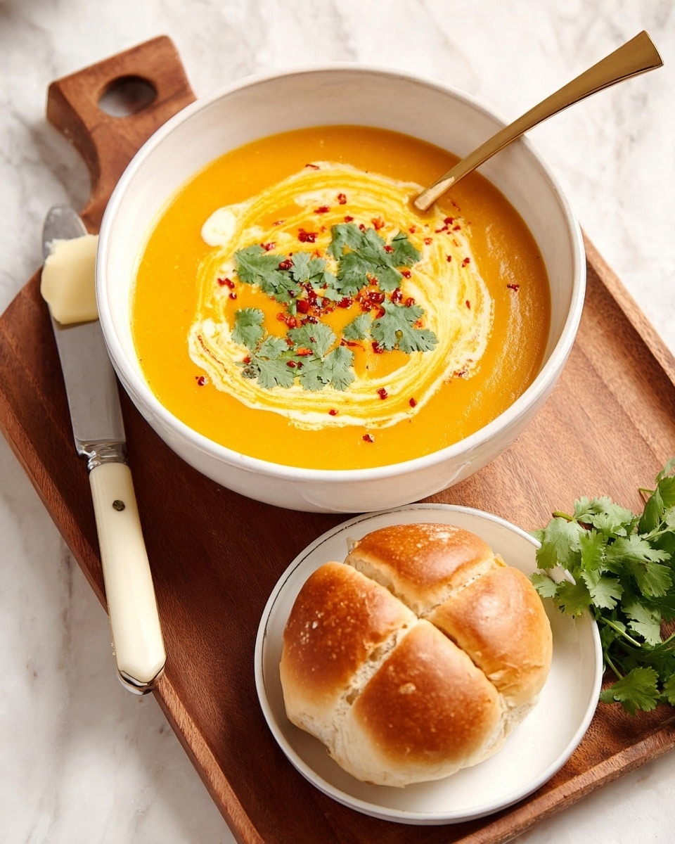 A white bowl filled with thick, smooth orange soup with swirls of creamy light yellow sauce on top, garnished with green cilantro leaves and small red chili flakes, a gold spoon resting inside the bowl on the right side; below the bowl, a white plate holds a round golden-brown bread roll with soft, slightly shiny crust divided into sections, alongside a butter knife with a cream handle placed on the plate's edge; all set on a wooden board on a white marbled surface, with a glimpse of a white plate with fresh cilantro leaves on the right side of the frame. photo taken with an iphone --ar 4:5 --v 7