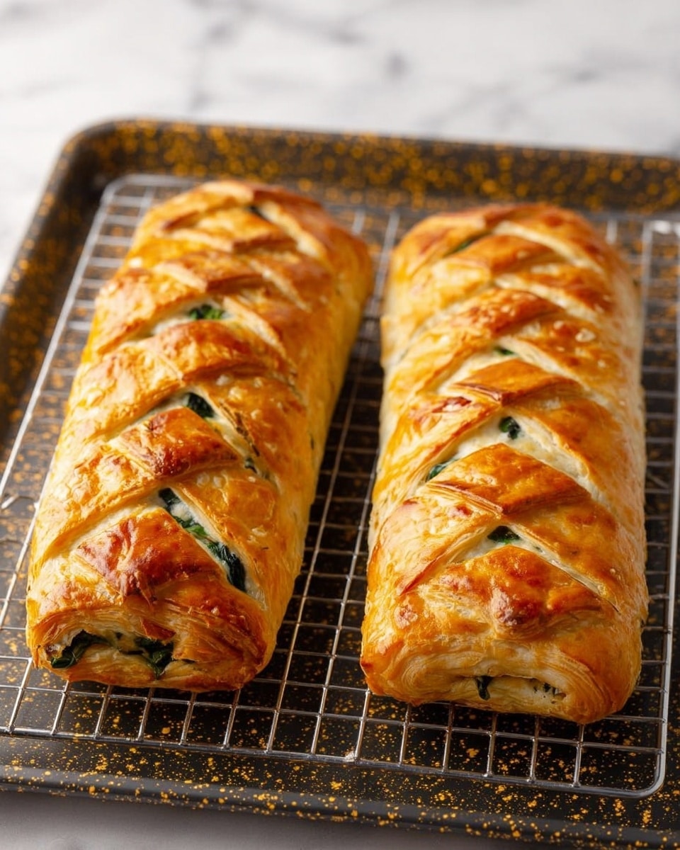 Two golden-brown rectangular pastries sit side by side on a metal cooling rack over a dark tray. Each pastry has a braided pattern on top created by crossing strips of dough diagonally, revealing small patches of green spinach and pinkish-red filling inside. The crust looks flaky and crisp with a shiny surface from an egg wash. The tray rests on a white marbled surface. photo taken with an iphone --ar 4:5 --v 7