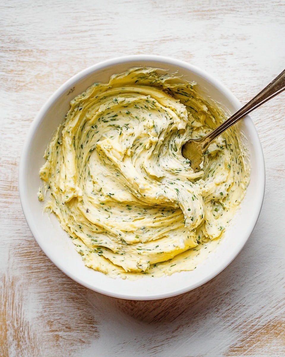 A white bowl filled with whipped yellow butter mixed with green herbs, showing many layers and swirls created by a fork resting inside the bowl. The butter has a creamy and soft texture with visible specks of herbs throughout. The bowl sits on a white marbled textured surface with some wooden patterns faintly visible beneath. The photo is taken from above, focusing on the thick, textured layers of the flavored butter. Photo taken with an iphone --ar 4:5 --v 7