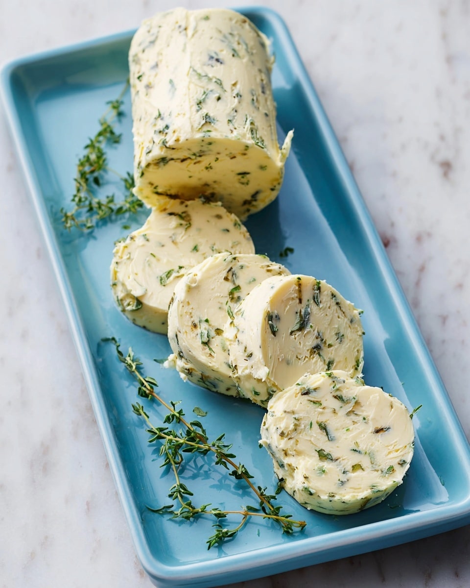 A thick, cooked steak sits in the middle of a black frying pan, showing a shiny, dark brown color with a seared texture and small bits of green herbs on top. On the center of the steak, there is a round pat of pale herb butter, slightly melted. To the left of the steak, fresh green sprigs of rosemary and thyme lay flat inside the pan. The pan is on a white marbled surface with some green chopped herbs scattered around the background. A round wooden bowl with coarse salt and a small clear glass container are near the bottom left corner, next to a cloth with thin gray stripes. photo taken with an iphone --ar 4:5 --v 7