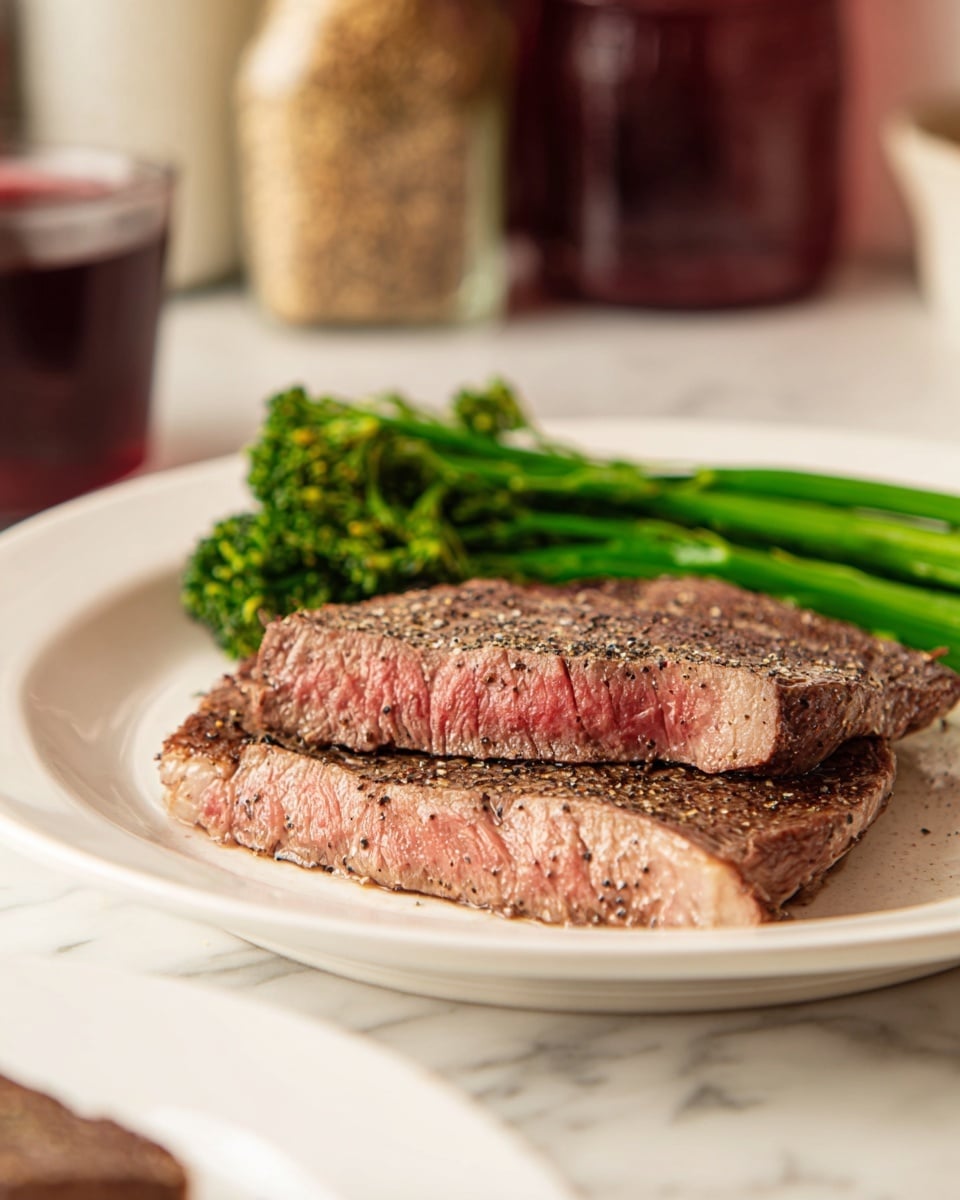 The dish shows two thick pieces of cooked steak layered slightly on top of each other in the front on a white plate. The steak has a light brown outside with visible black pepper seasoning and a red-pink center showing it is cooked medium. Behind the steak are a few stalks of green broccolini placed horizontally, adding a fresh bright green color contrast to the plate. The plate rests on a white marbled surface, and in the background, there are blurred jars and a dark red glass, giving a warm and cozy feeling. photo taken with an iphone --ar 4:5 --v 7
