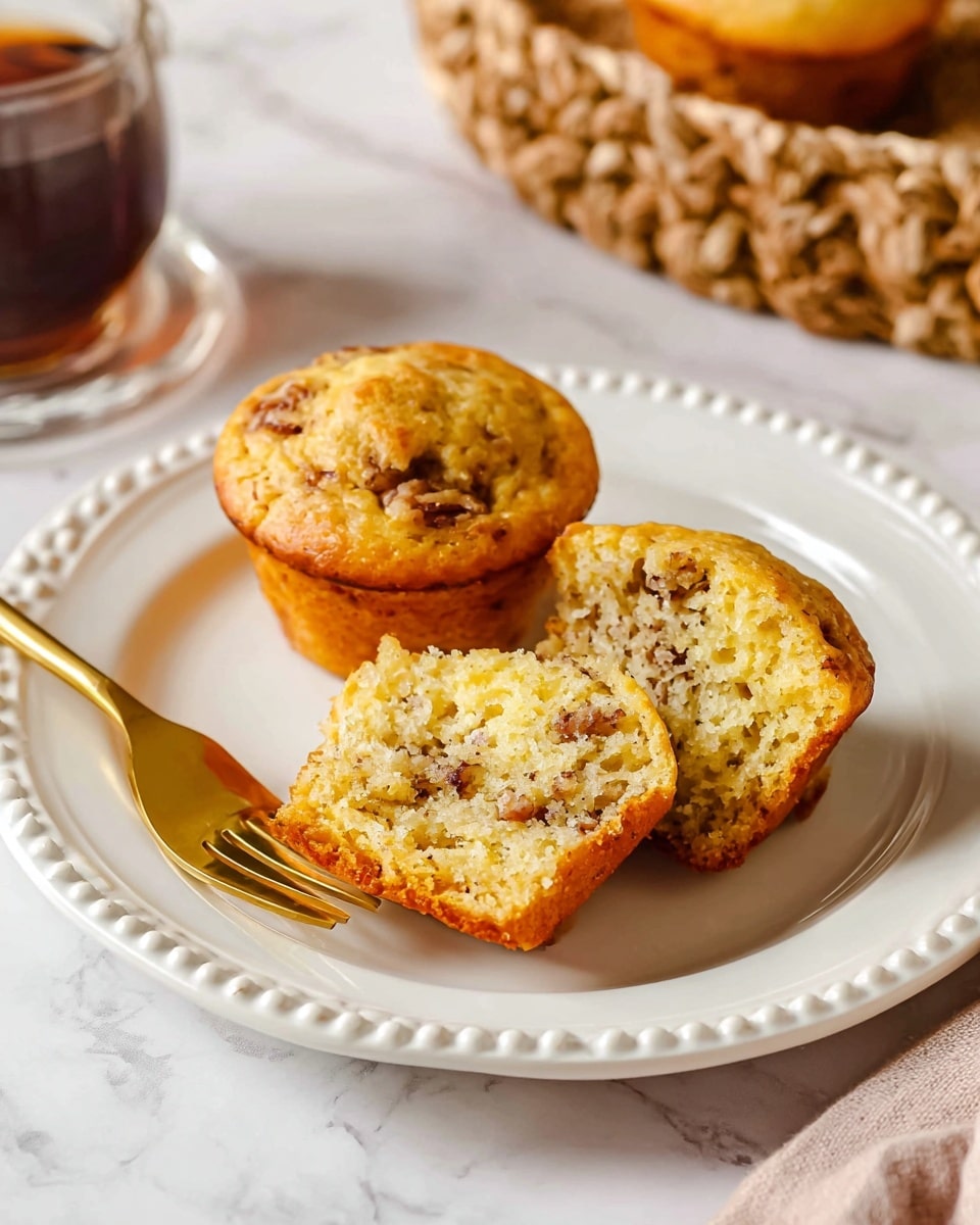 A gold muffin tray holds ten muffins with a light golden top and bits of darker brown inside. Some muffins sit flat in their slots, while three are turned on their sides showing a golden brown bottom. The muffins look soft with a slightly cracked surface. The tray sits on a white marbled surface. Nearby there are white plates with scalloped edges and two gold forks resting on top, along with a glass of orange juice in a wicker sleeve and a small jar of reddish sauce visible at the bottom left. A white cloth with a red edge is under part of the tray. photo taken with an iphone --ar 4:5 --v 7