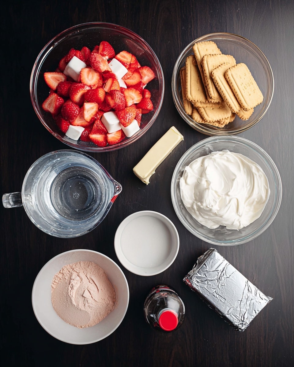 Clear glass bowls hold three parts of the dish: one bowl is full of bright red and white chopped strawberries, the second has smooth white cream, and the third contains light golden sandwich cookies. Nearby, a small white bowl is filled with a pale pink powder, while another white bowl holds a white powder. A clear measuring cup with water and a silver-wrapped rectangular block sit on the dark table. A small block of butter with a light yellow wrapper and a dark small bottle with a red cap sit nearby. All items rest on a clean white marbled surface photo taken with an iphone --ar 4:5 --v 7