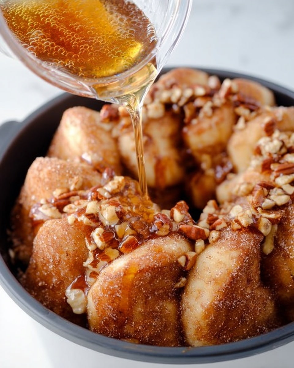 The image shows a close-up of a white bundt pan filled with several crescent rolls arranged in a circle, showing their soft, light golden-brown texture with a slight dusting of sugar. A golden sticky syrup with small pieces of pecans is being poured over the crescent rolls from a glass container, creating a glossy layer that drips down the sides and pools in the crevices between the rolls. The white marbled surface underneath the bundt pan provides a clean, bright background that contrasts with the warm tones of the rolls and syrup. The photo is taken with an iphone --ar 4:5 --v 7