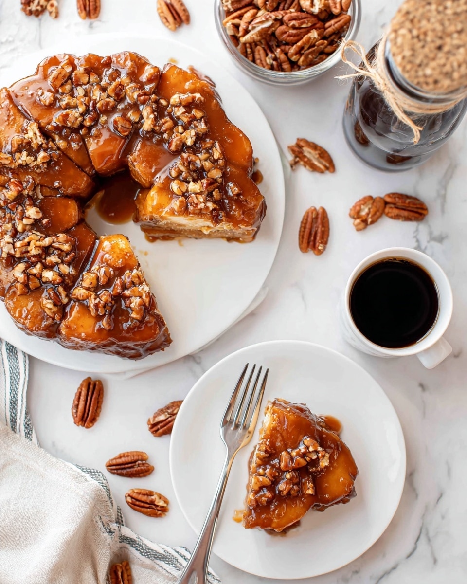 The image shows a sticky caramel-covered pastry arranged in a ring on a white plate, with a missing slice revealing its light, soft inside. The top layer of the pastry is golden brown and shiny, coated with thick caramel sauce and sprinkled with chopped pecans. A small white plate sits nearby with a single slice of the pastry, showing the same glossy caramel and nuts on top. Next to the slice is a silver fork. Around the plates are scattered whole pecans, a glass jar filled with pecans, a white cup of black coffee, and a glass bottle tied with twine, all placed on a white marbled surface. Photo taken with an iphone --ar 4:5 --v 7