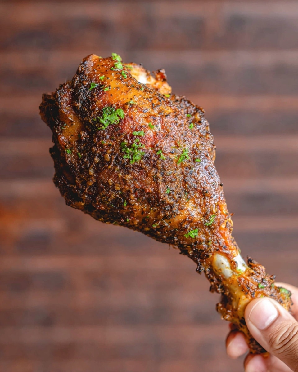 A white round plate holds four large browned turkey legs arranged in two rows, with a crispy seasoned skin showing herbs and spices. The legs rest on a bed of fresh green rosemary and thyme sprigs. Small bright red cranberries are scattered around the legs along with bits of chopped parsley sprinkled on top of the meat. The plate is set on a brown woven cloth over a rustic wooden surface, and part of a white bowl with creamy mashed potatoes is visible at the top. Photo taken with an iphone --ar 4:5 --v 7