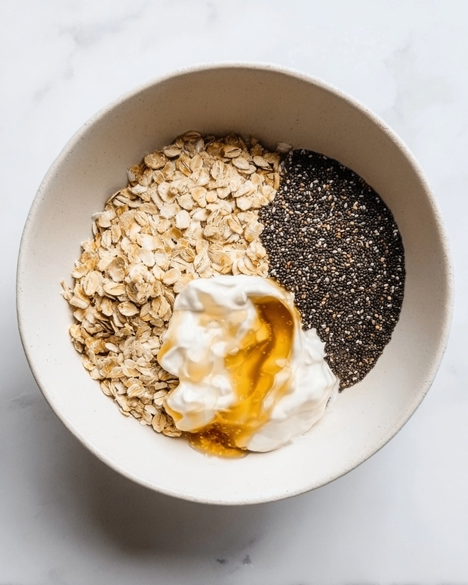 A white bowl on a white marbled surface holds three sections of ingredients separated neatly: light brown oats on both sides, a dark layer of small black chia seeds on the top right, and a dollop of creamy white yogurt with a drizzle of golden honey on the bottom left. The textures are distinct, with the oats looking dry and rough, the chia seeds smooth and tiny, and the yogurt thick and soft. photo taken with an iphone --ar 4:5 --v 7
