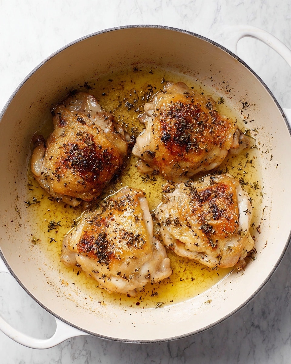 The image shows four cooked chicken thighs in a white pot, each piece browned on top with crispy skin and seasoned with black pepper and herbs. The chicken pieces are arranged in a loose circle, sitting in a small layer of golden oil and cooked juices at the bottom of the pot. The pot interior is smooth and cream-colored with a white handle visible on the right. The background is a white marbled surface. Photo taken with an iphone --ar 4:5 --v 7